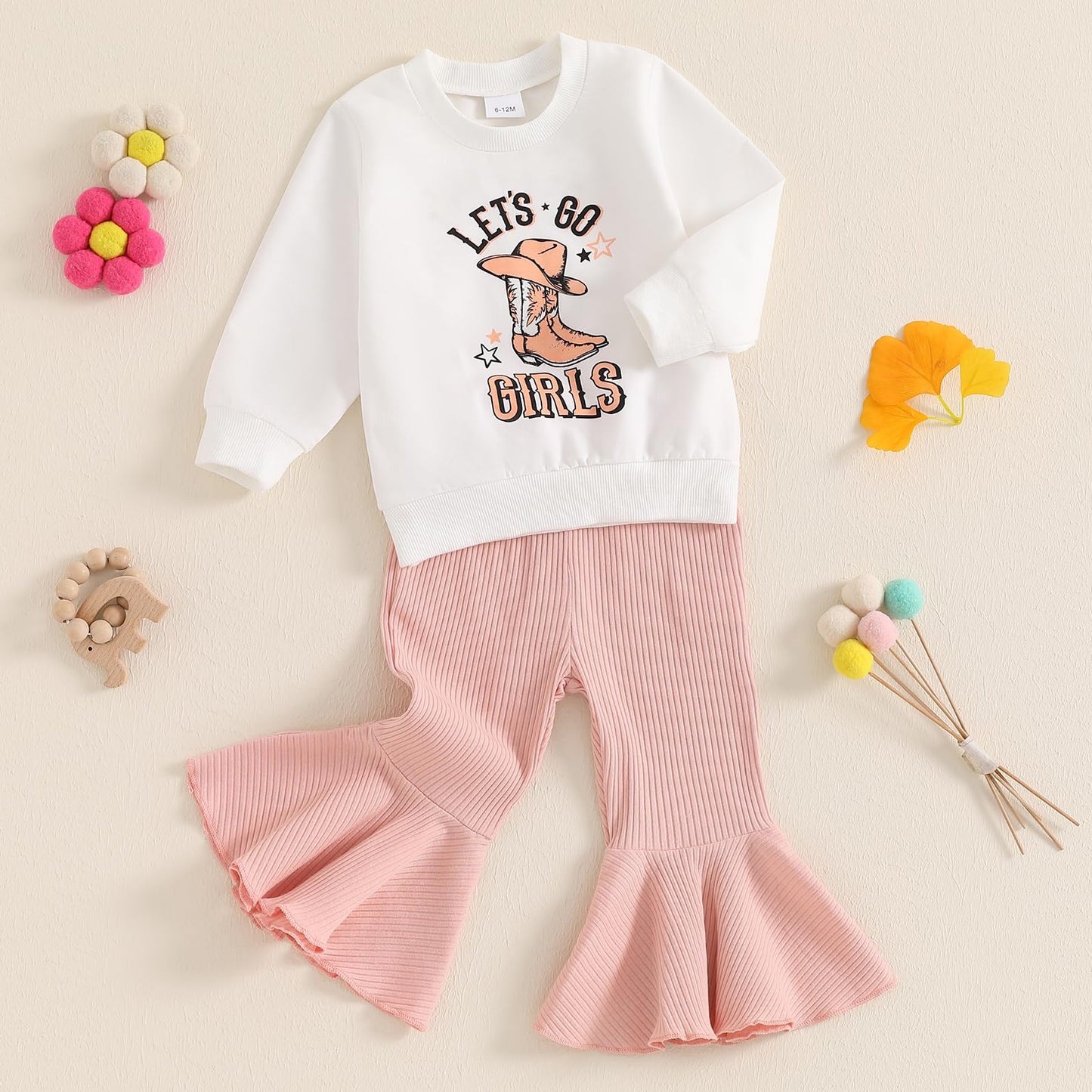 SAYOO Baby Girls Western Outfits Let's Go Girls Letter Print Retro Romper Ribbed Flared Pants Cowgirls Country Fall Clothes