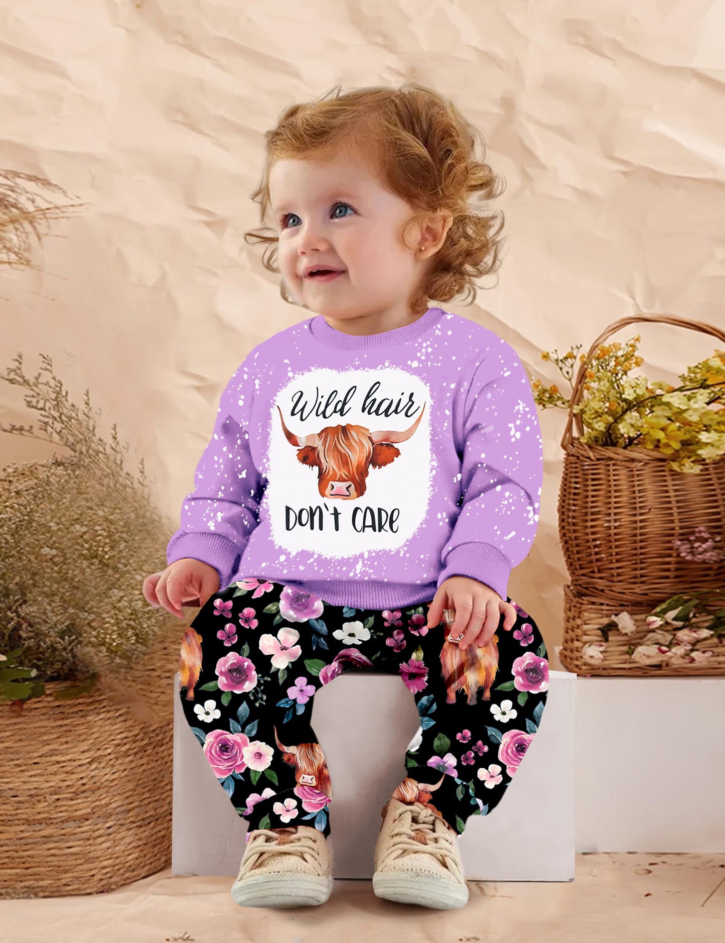 Toddler Girl Clothes Fall Winter Outfits Wild Hair Don't Care Highland Cow Sweatshirt Pants Western Cowgirl Outfit