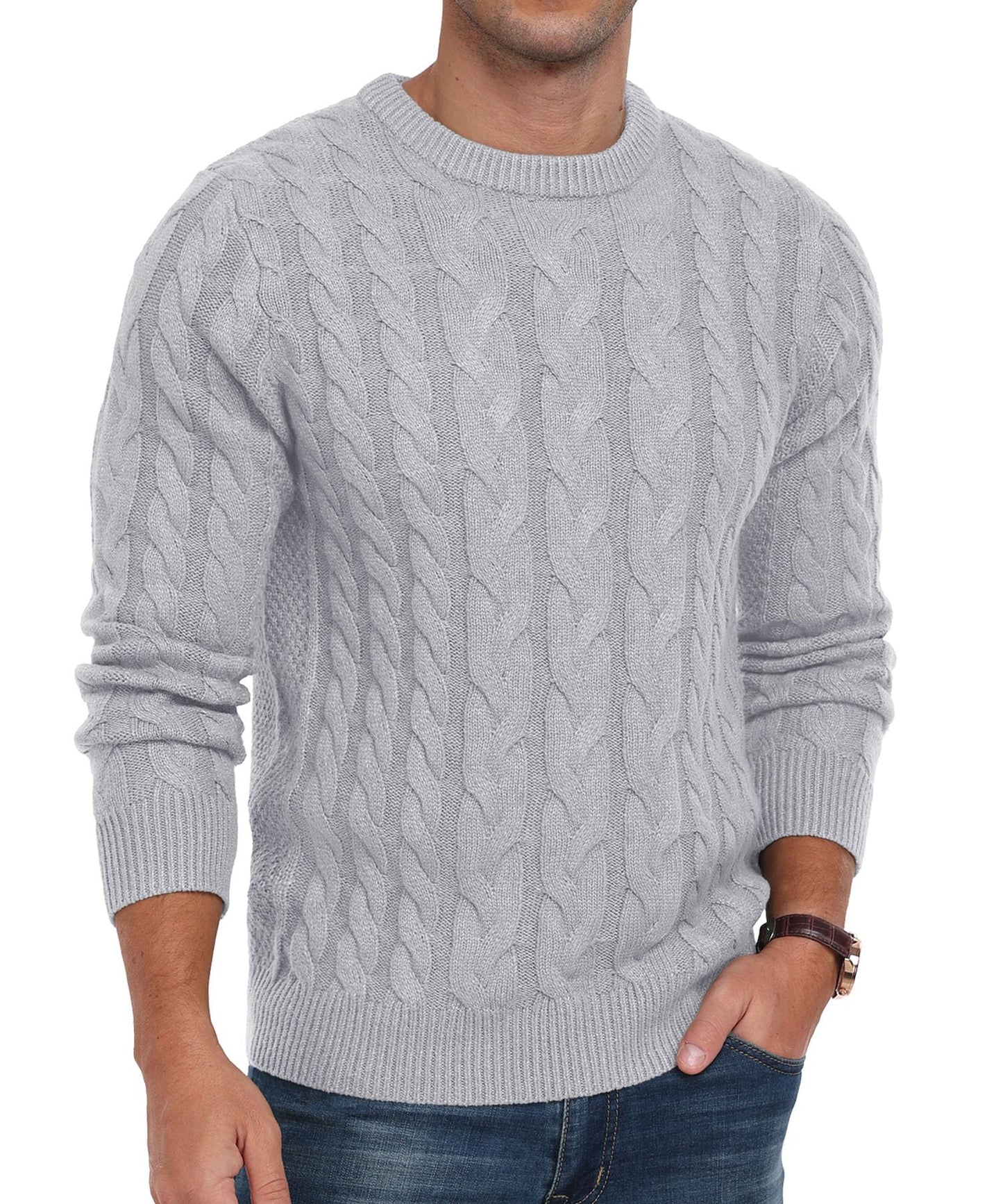 Askdeer Men's Crewneck Pullover Sweater Chunky Cable Knit Sweater Classic Casual Sweaters with Ribbing Edge