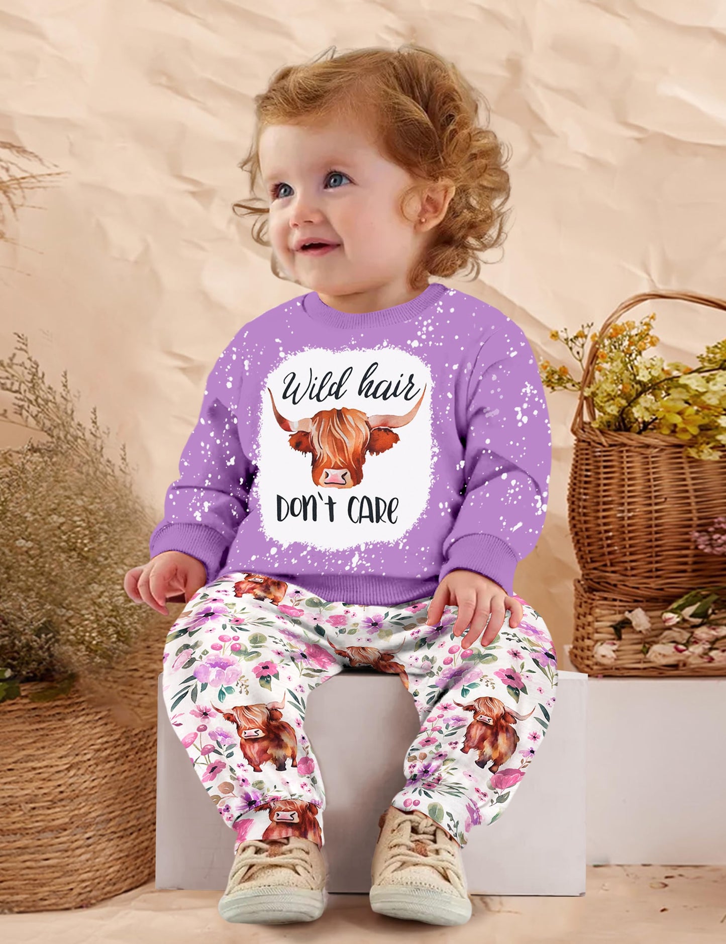 Toddler Girl Clothes Fall Winter Outfits Wild Hair Don't Care Highland Cow Sweatshirt Pants Western Cowgirl Outfit