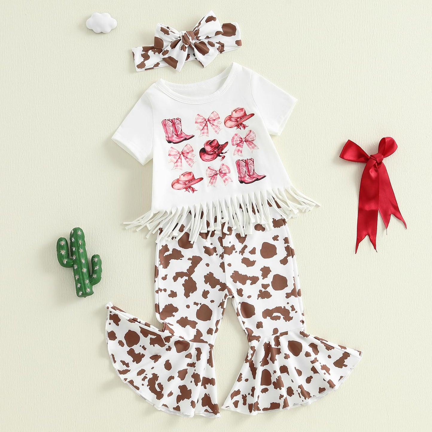 Kayotuas Toddler Baby Girl Bell Bottom Outfits Cowgirl Boots Bow Short Sleeve T-Shirt and Flare Pants Infant Western Clothes