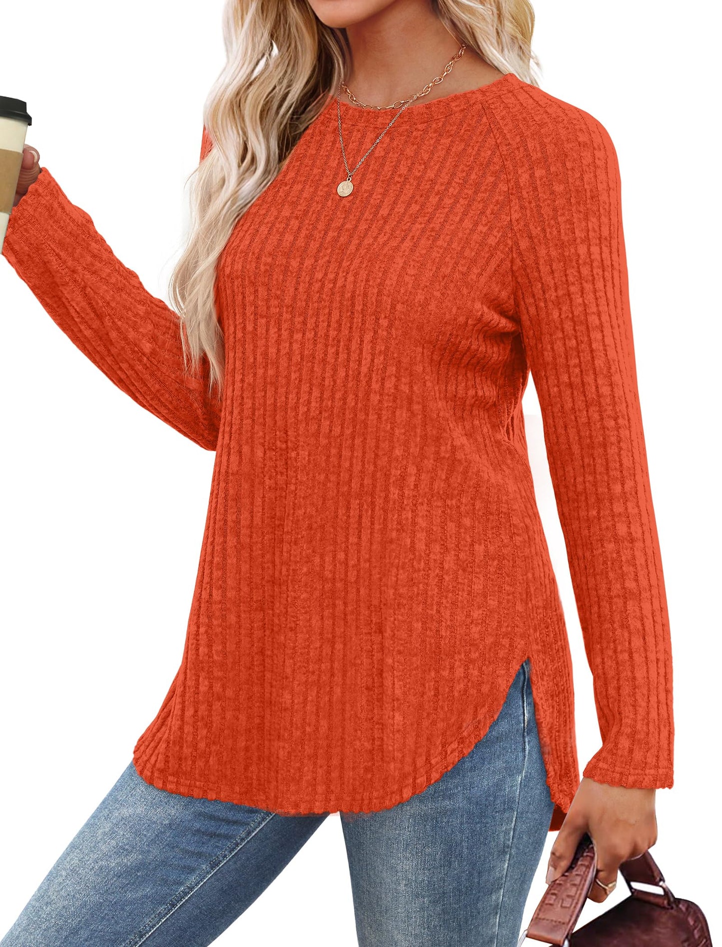 Saloogoe Long Sleeve Shirts for Women Tunic Tops for Women Loose Fit Dressy Crew Neck Pullover Basic Sweaters for Women 2024