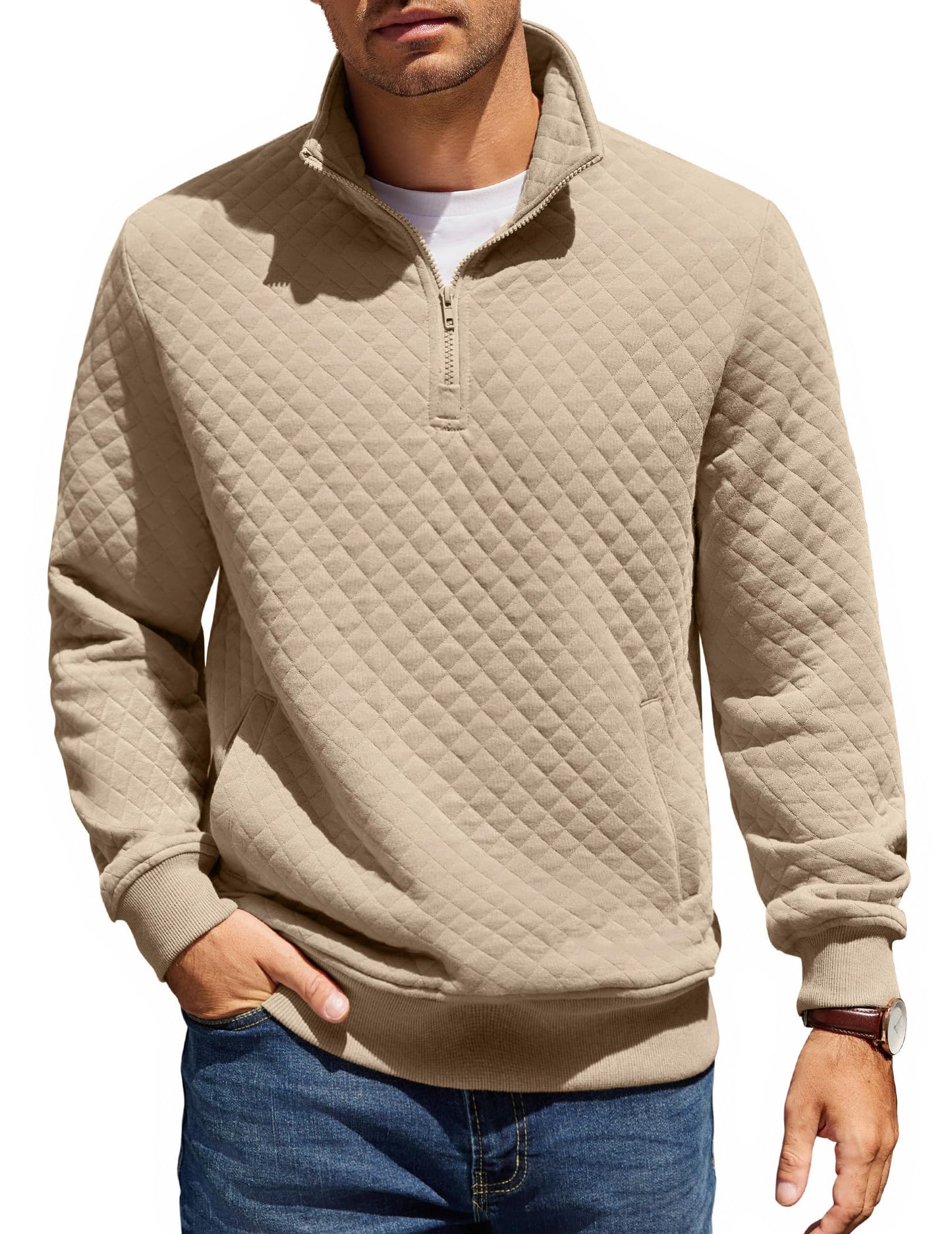 COOFANDY Mens Quarter Zip Pullover Quilted Sweatshirt Knit Long Sleeve Mock Neck Sweater Polo with Pocket