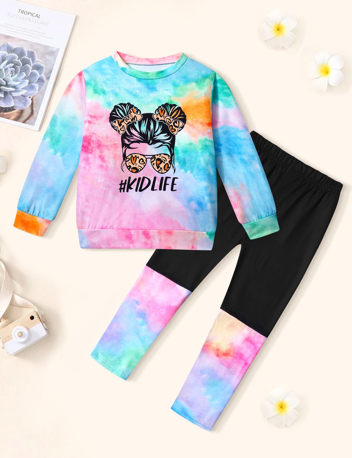 DONWEN Toddler Girl Clothes,Tie Dye Sweatsuit 2 Piece Girls Outfits Graphic Pullover Top Pants Girls Fall Winter Outfit