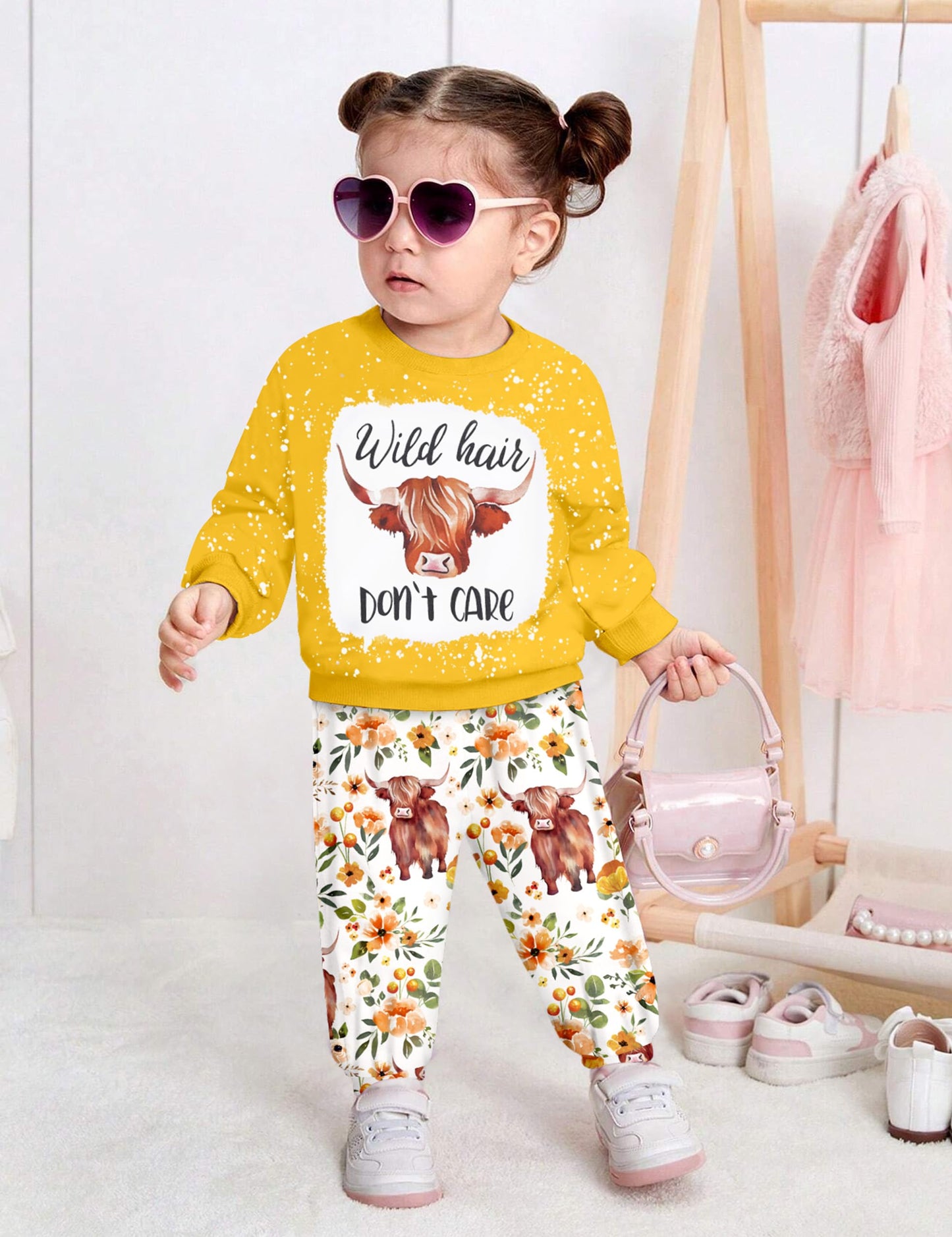 Toddler Girl Clothes Fall Winter Outfits Wild Hair Don't Care Highland Cow Sweatshirt Pants Western Cowgirl Outfit