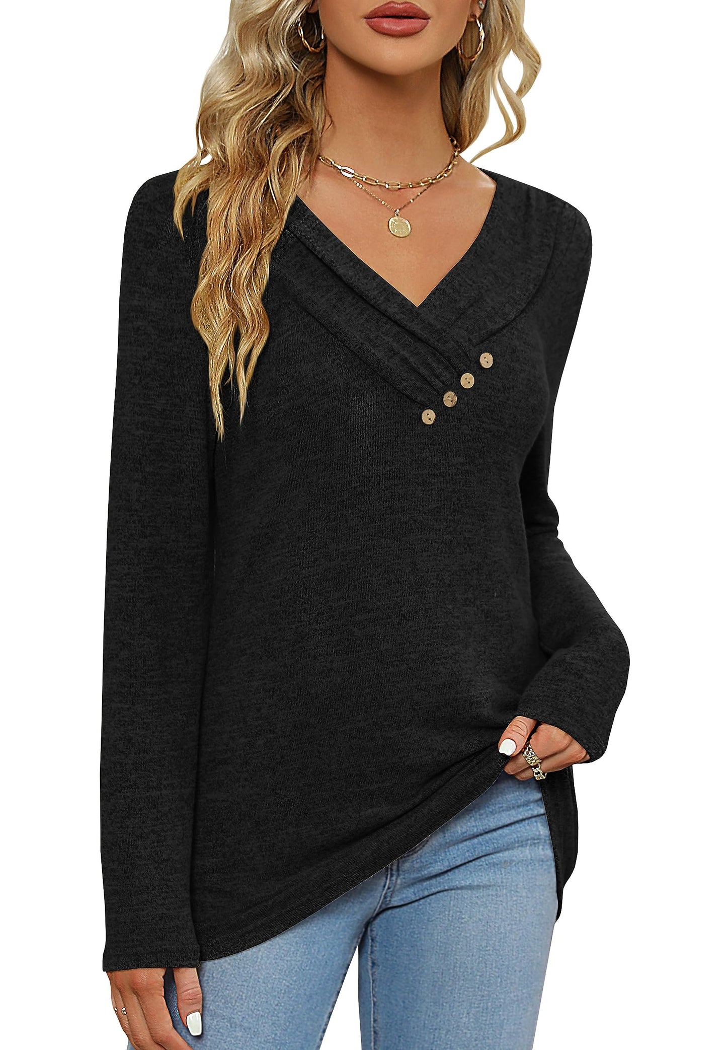 Women's Fall Long Sleeve Tunic Tops for Leggings V Neck Button Casual Blouse Sweatshirt