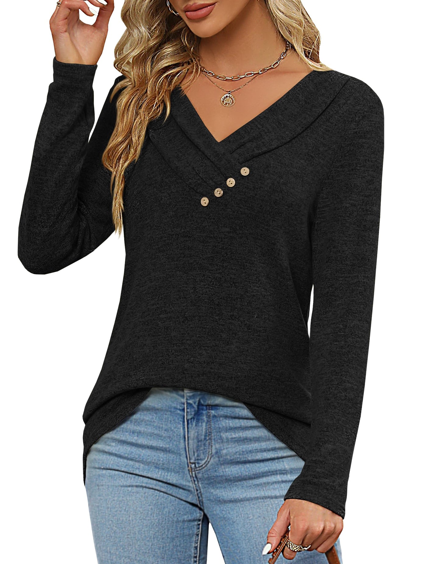 Women's Fall Long Sleeve Tunic Tops for Leggings V Neck Button Casual Blouse Sweatshirt