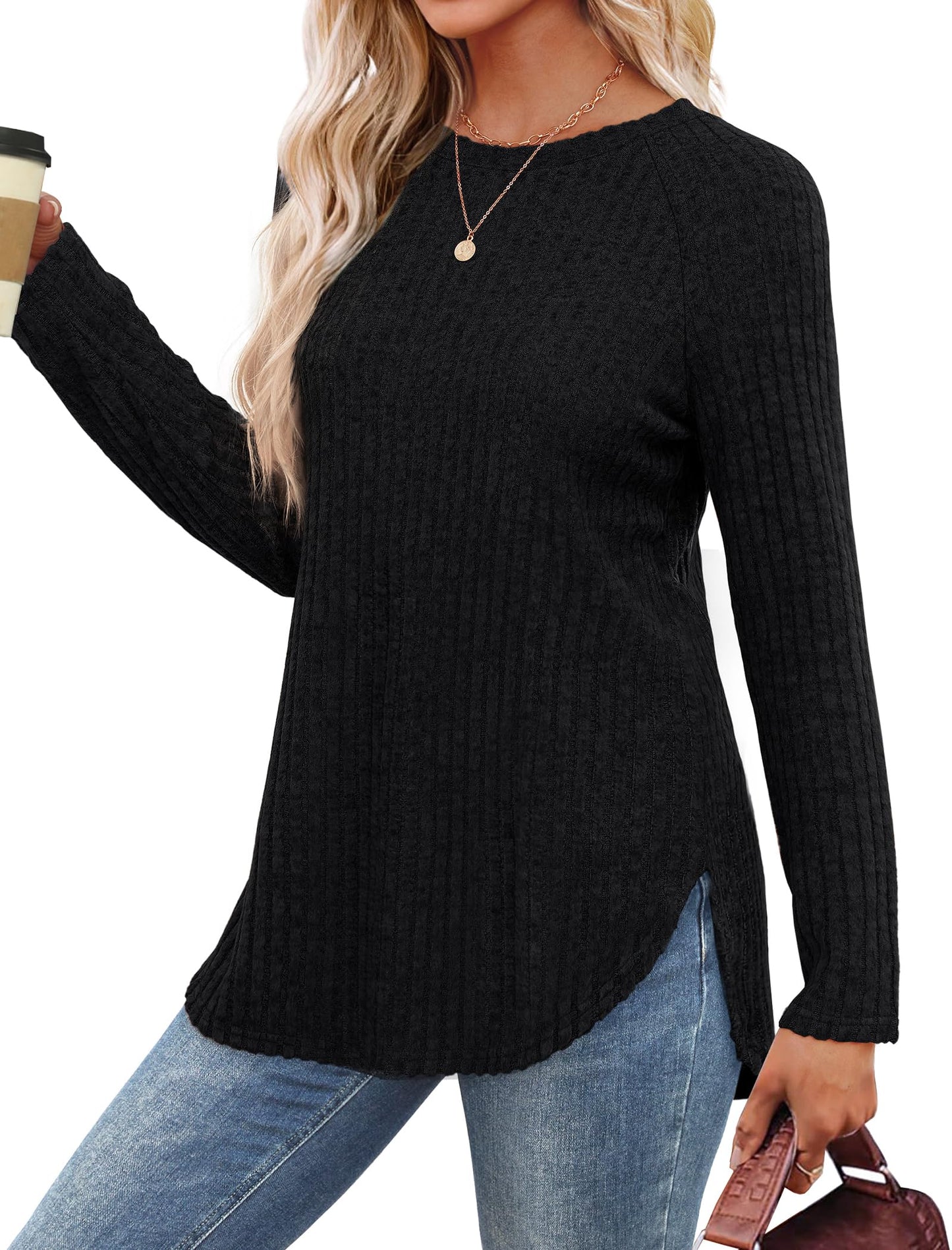 Saloogoe Long Sleeve Shirts for Women Tunic Tops for Women Loose Fit Dressy Crew Neck Pullover Basic Sweaters for Women 2024