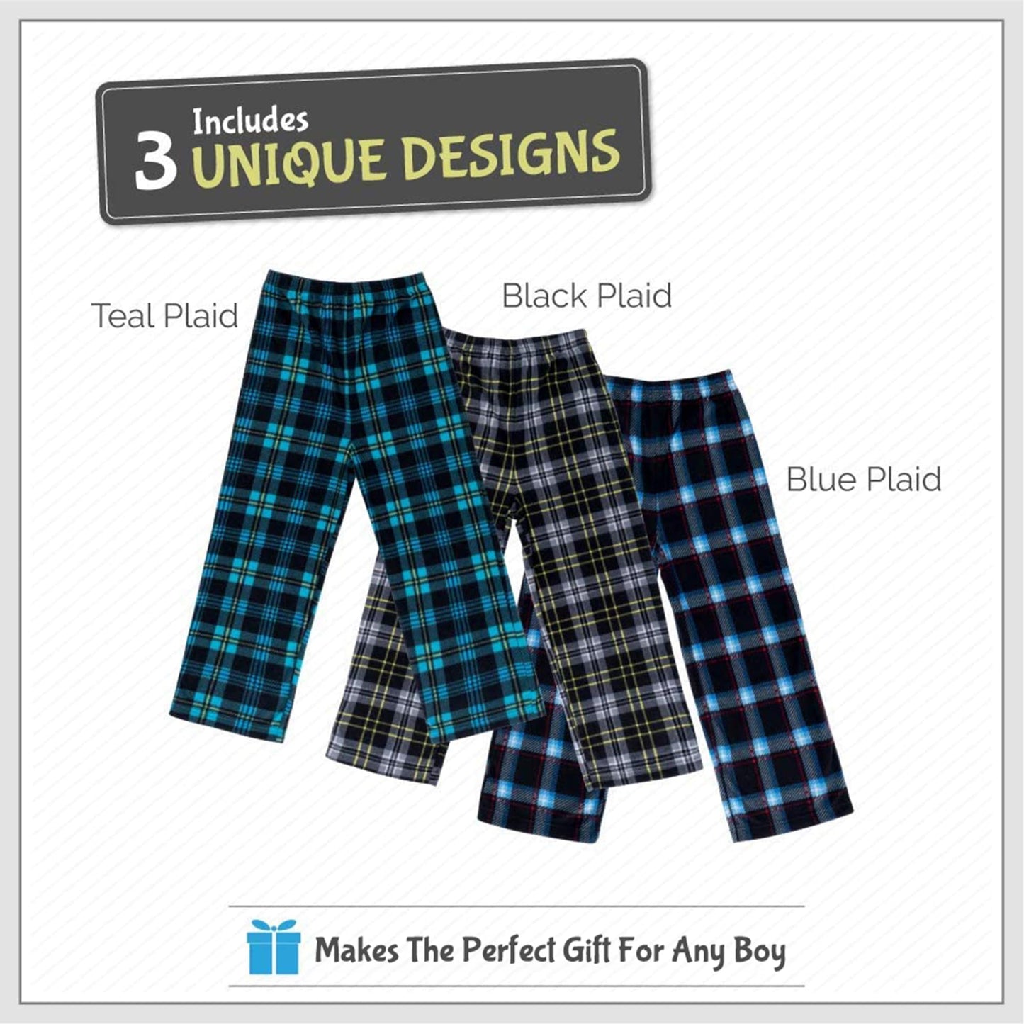 Mad Dog Concepts 3-Pack Boys Pajama Pants - Soft Micro Fleece PJ Bottoms for Kids, Printed Plaid Design - Boy's Sleepwear