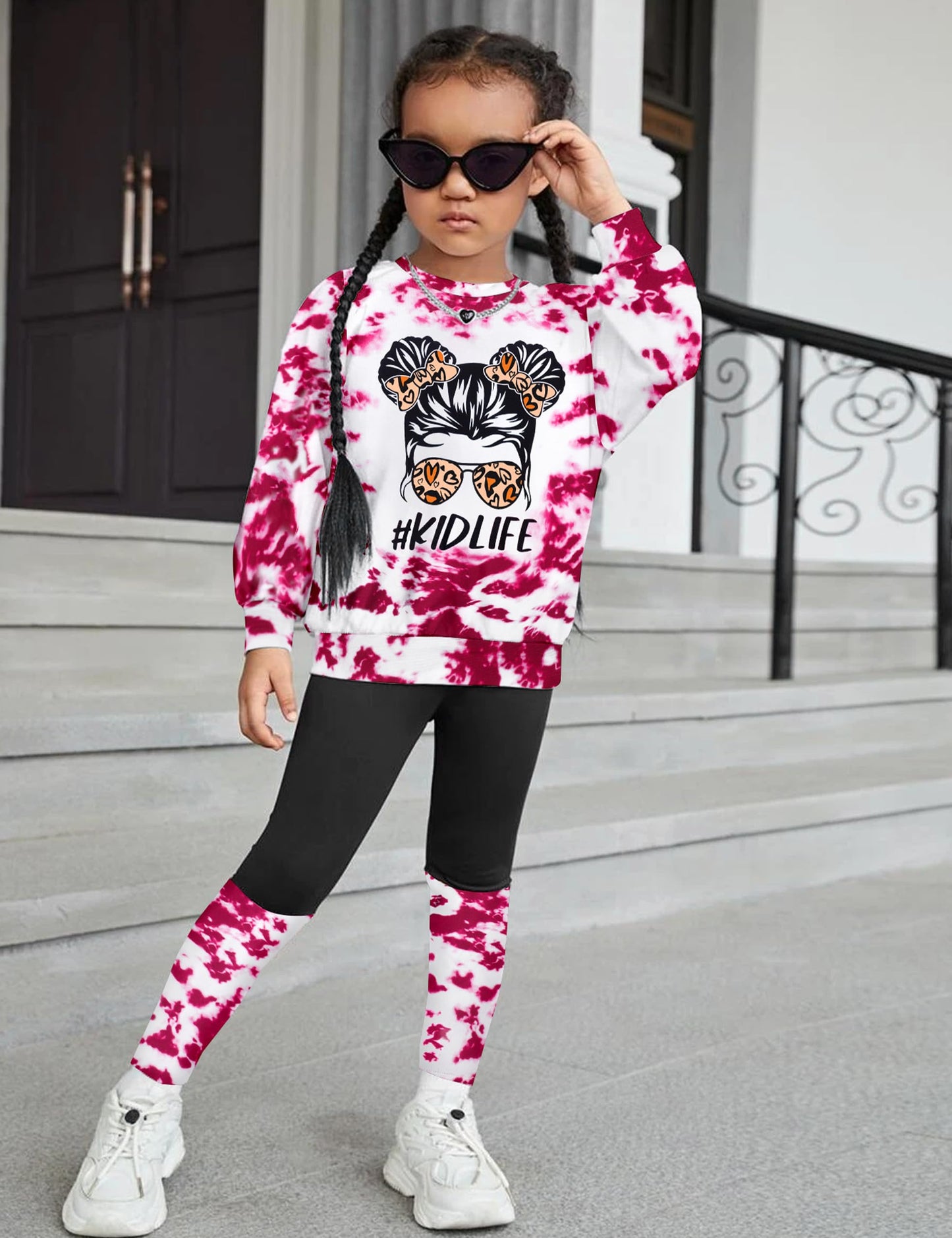 DONWEN Toddler Girl Clothes,Tie Dye Sweatsuit 2 Piece Girls Outfits Graphic Pullover Top Pants Girls Fall Winter Outfit