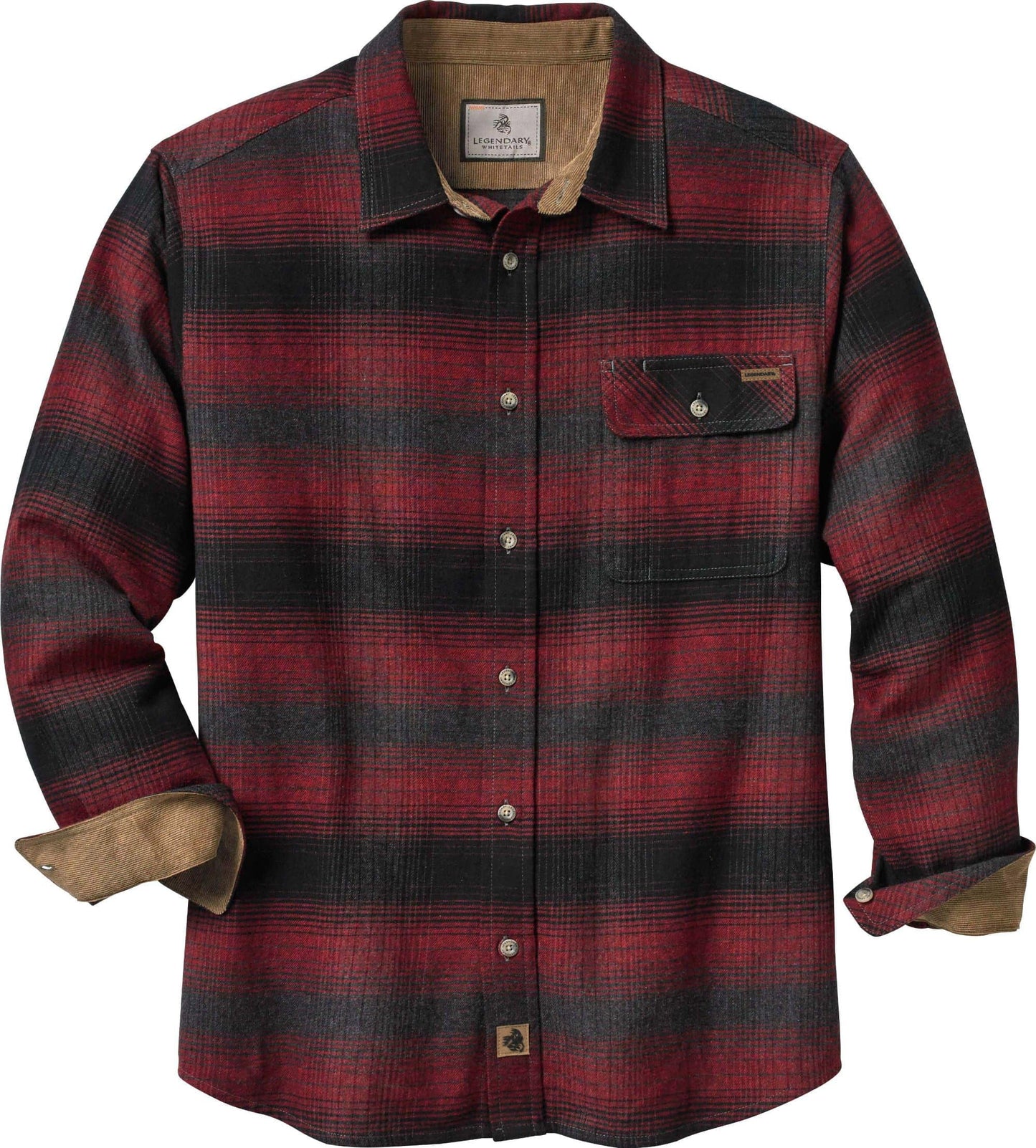 Legendary Whitetails Men's Buck Camp Flannel, Long Sleeve Plaid Button Down Casual Shirt, Corduroy Cuffs