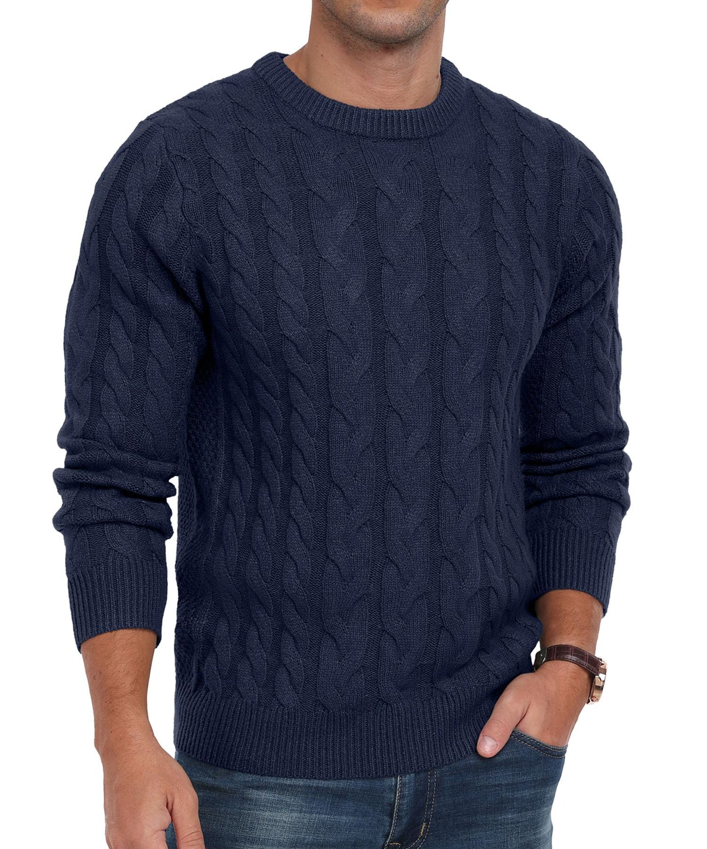 Askdeer Men's Crewneck Pullover Sweater Chunky Cable Knit Sweater Classic Casual Sweaters with Ribbing Edge