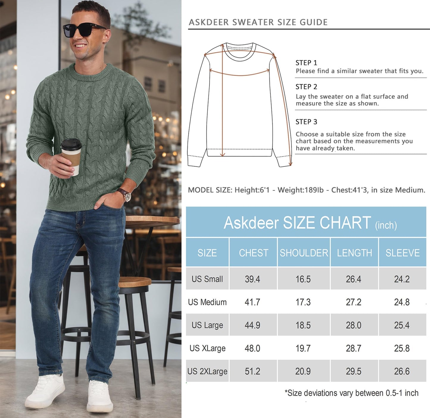 Askdeer Men's Crewneck Pullover Sweater Chunky Cable Knit Sweater Classic Casual Sweaters with Ribbing Edge