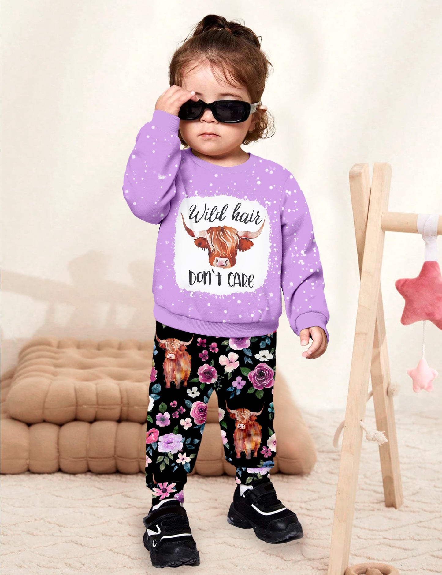 Toddler Girl Clothes Fall Winter Outfits Wild Hair Don't Care Highland Cow Sweatshirt Pants Western Cowgirl Outfit