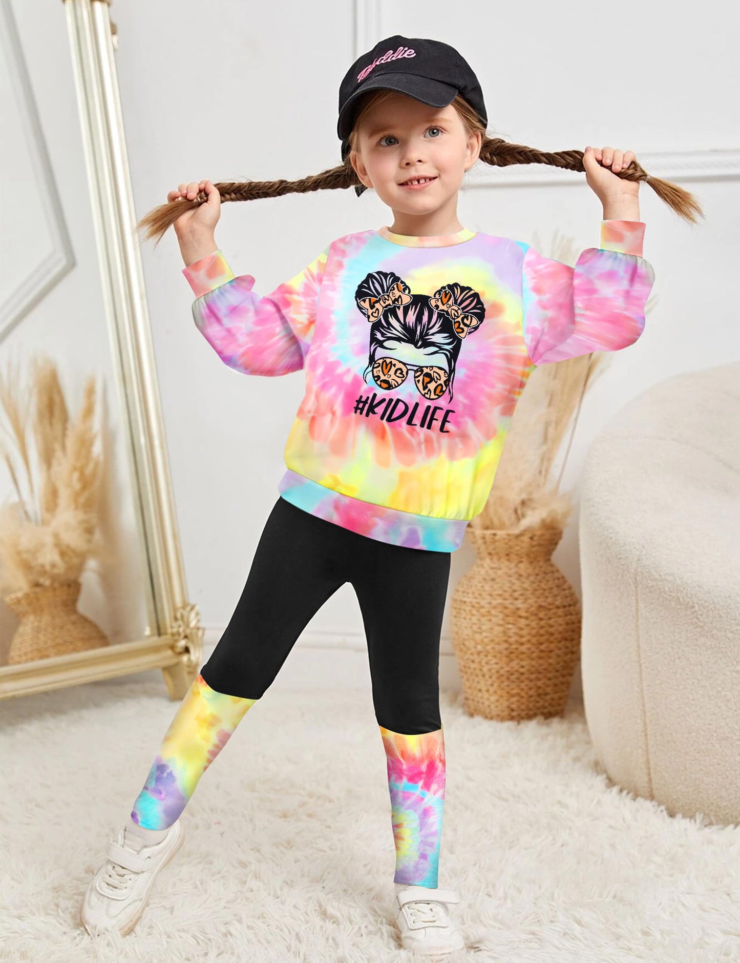 DONWEN Toddler Girl Clothes,Tie Dye Sweatsuit 2 Piece Girls Outfits Graphic Pullover Top Pants Girls Fall Winter Outfit