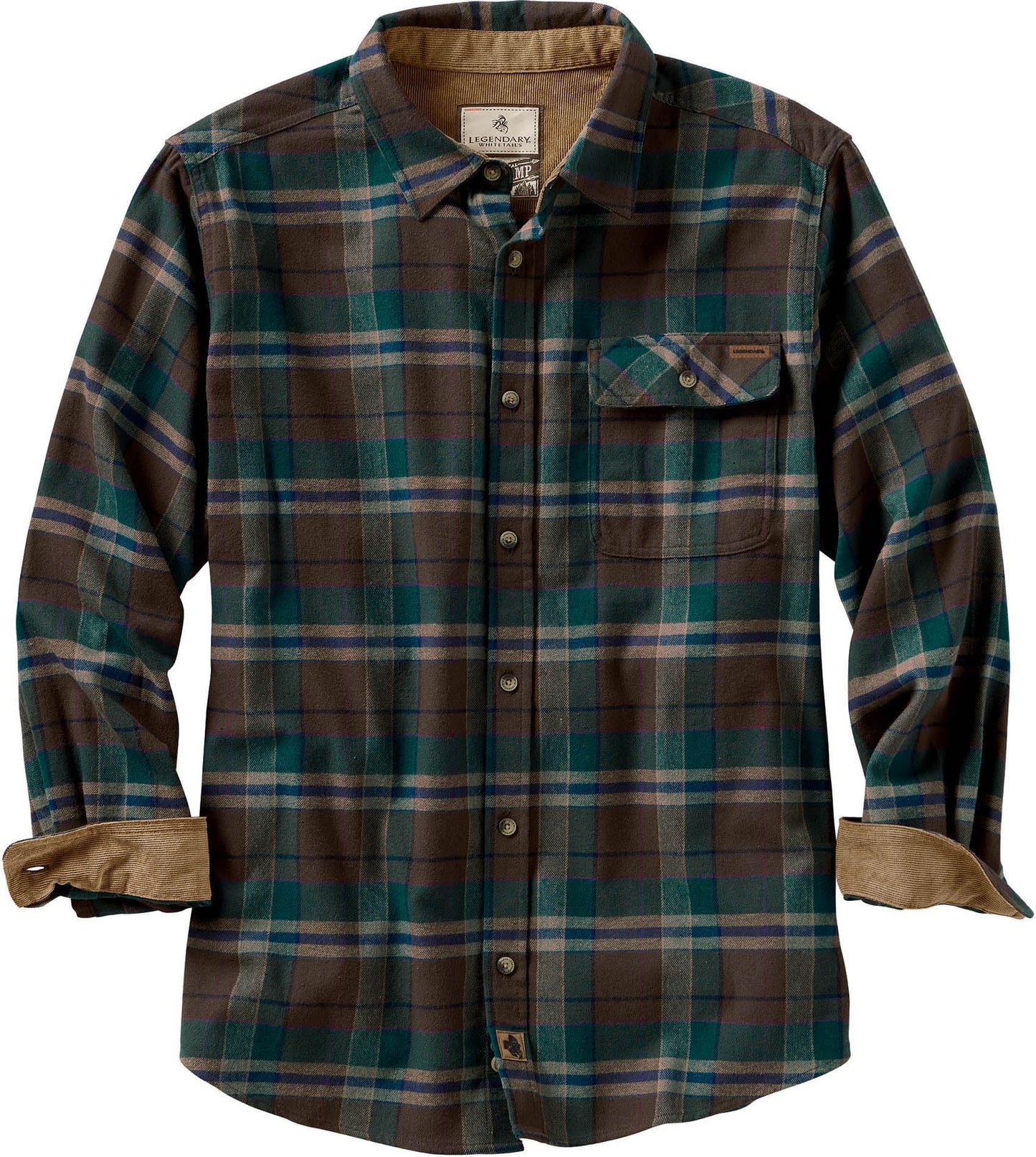 Legendary Whitetails Men's Buck Camp Flannel, Long Sleeve Plaid Button Down Casual Shirt, Corduroy Cuffs