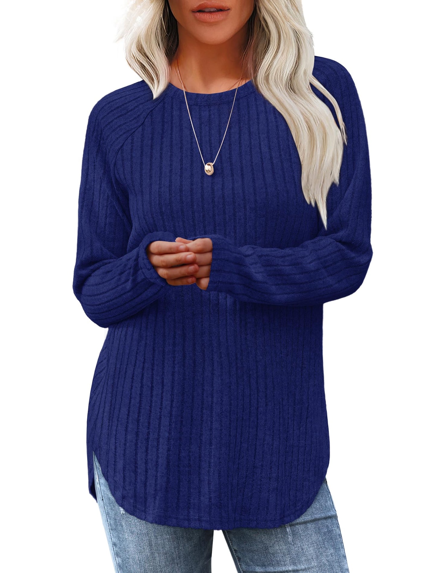 Saloogoe Long Sleeve Shirts for Women Tunic Tops for Women Loose Fit Dressy Crew Neck Pullover Basic Sweaters for Women 2024