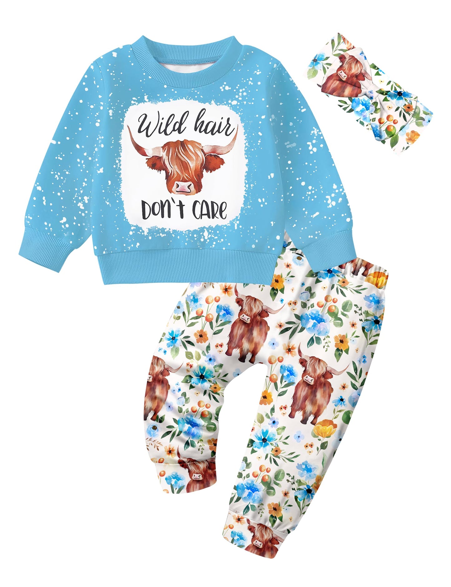 Toddler Girl Clothes Fall Winter Outfits Wild Hair Don't Care Highland Cow Sweatshirt Pants Western Cowgirl Outfit