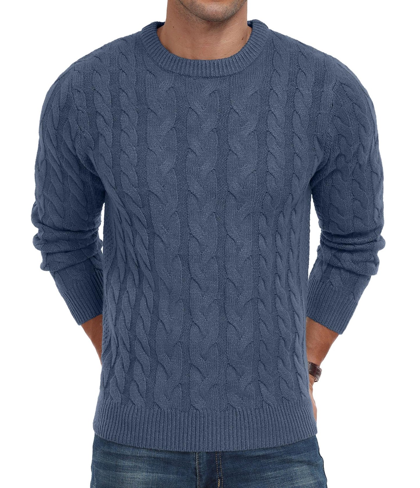 Askdeer Men's Crewneck Pullover Sweater Chunky Cable Knit Sweater Classic Casual Sweaters with Ribbing Edge