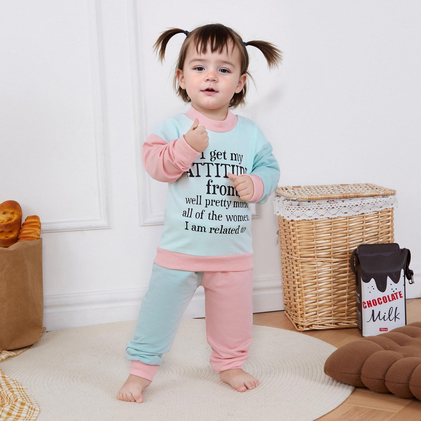 WZTYYDS Toddler Baby Girl Clothes 1T 2T 3T 4T 5T Fall Winter Outfits Contrast Color Long Sleeve Sweatshirt + Pants Sets