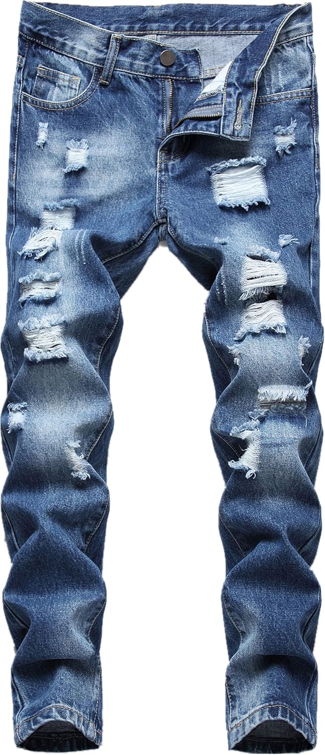 Boy's Skinny Fit Ripped Destroyed Distressed Stretch Slim Jeans Pants