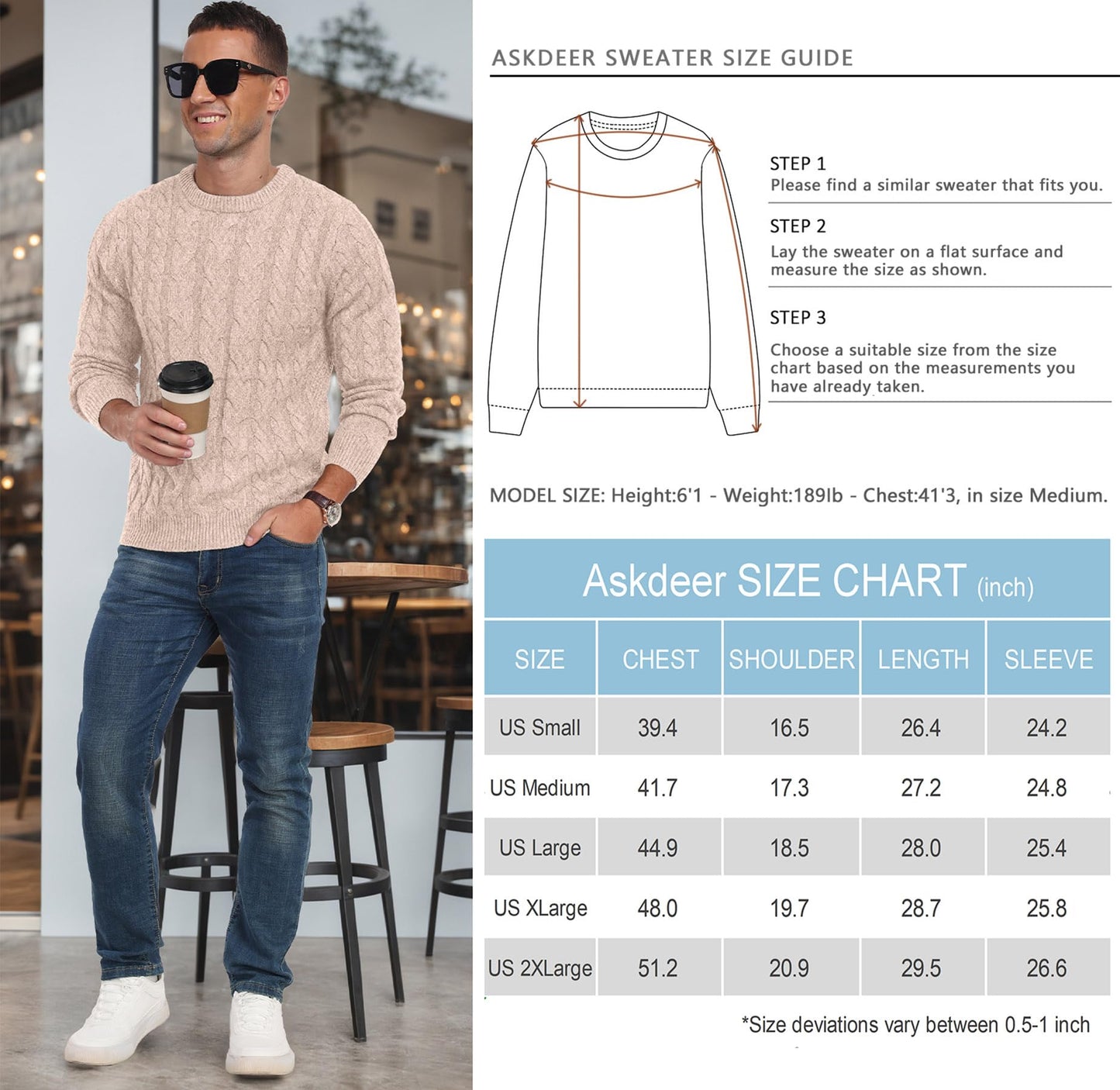 Askdeer Men's Crewneck Pullover Sweater Chunky Cable Knit Sweater Classic Casual Sweaters with Ribbing Edge