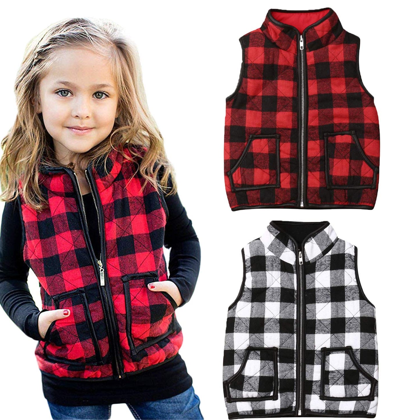 Toddler Baby Girls Boys Winter Warm Vest Clothes Buffalo Plaid Christmas Jacket Kids Puffer Quilted Gilet Coat