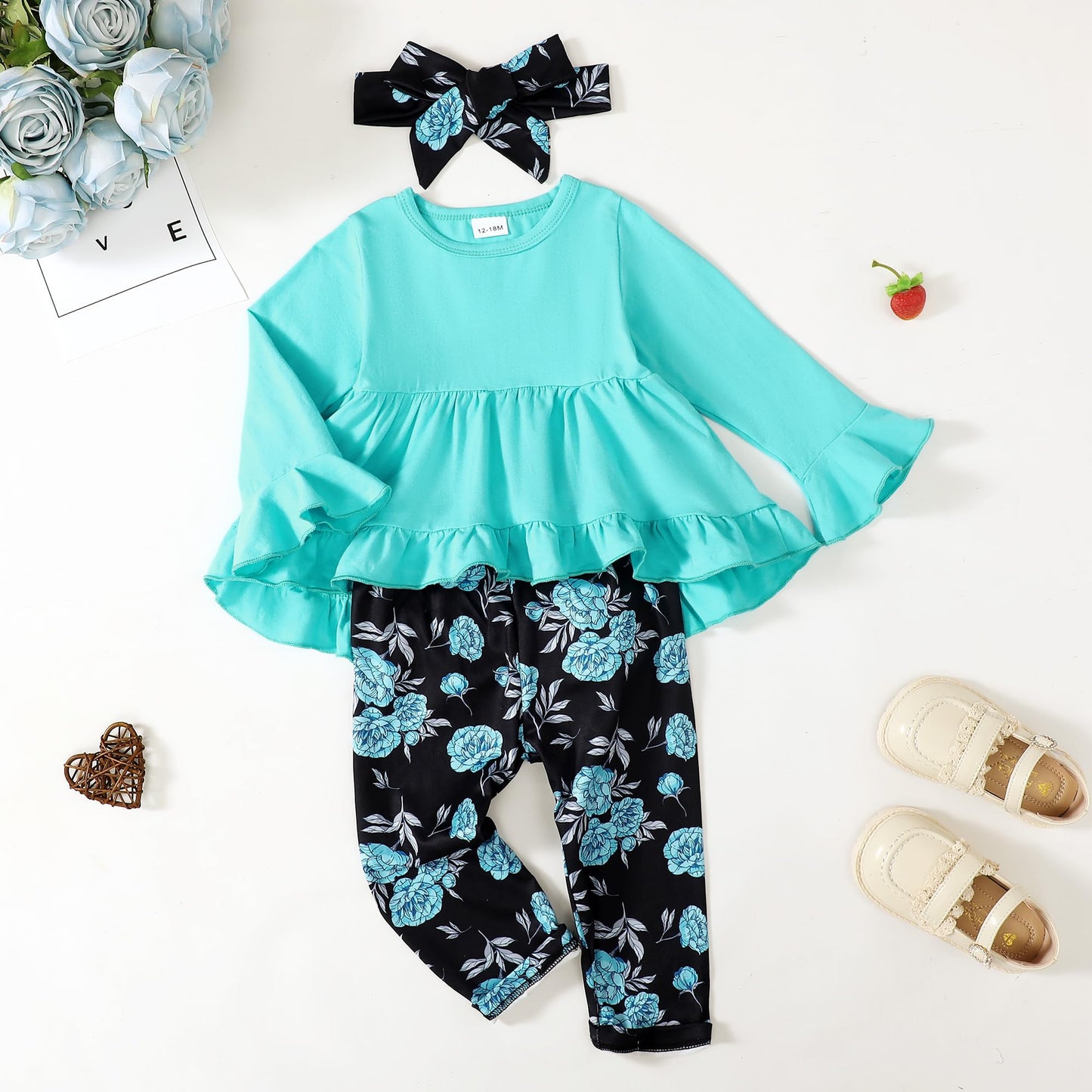 Kucnuzki Baby Girl Clothes Toddler Girl Outfit Ruffle Sleeve Shirt Floral Pant Set Fall Winter Clothing for Girl