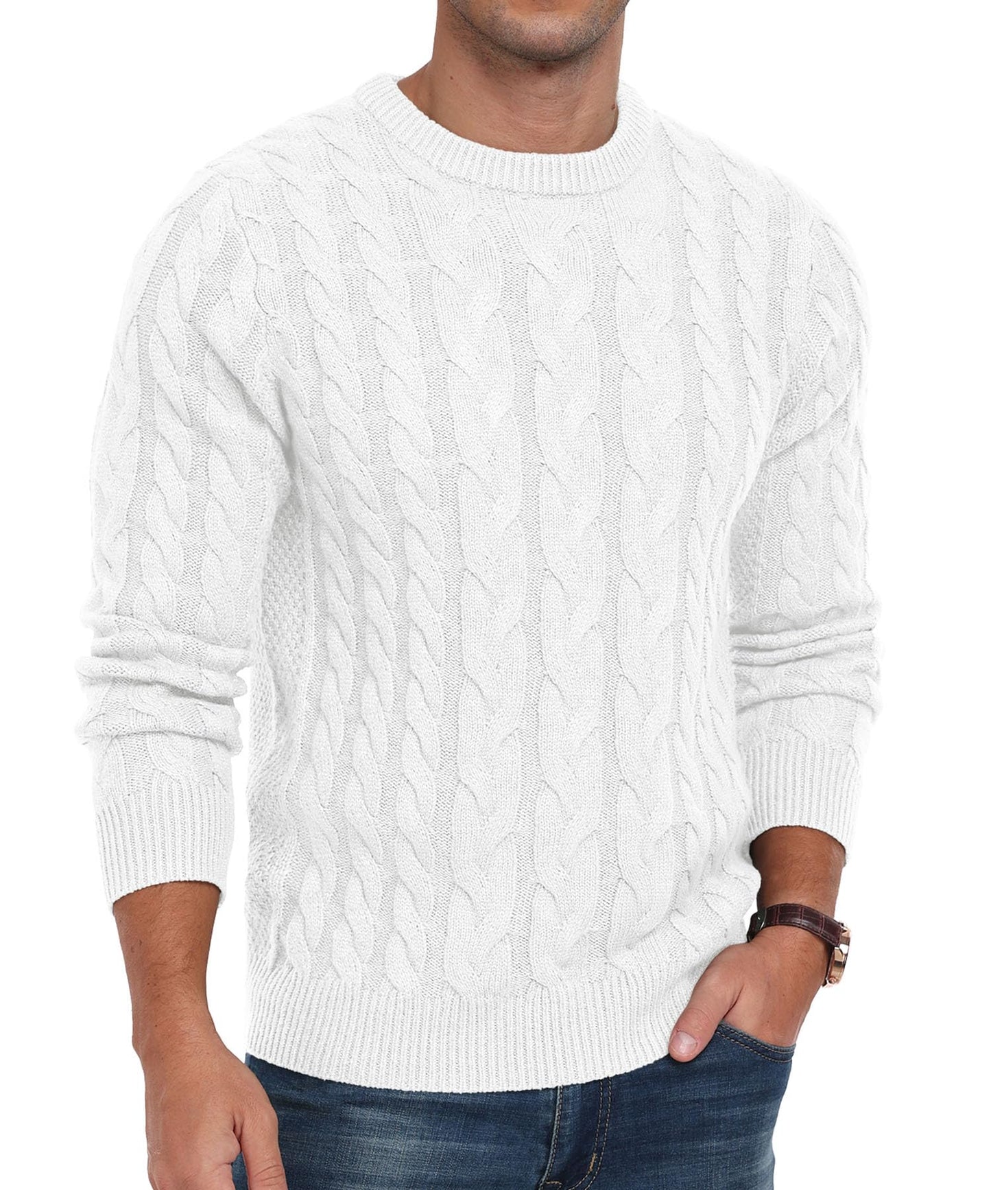 Askdeer Men's Crewneck Pullover Sweater Chunky Cable Knit Sweater Classic Casual Sweaters with Ribbing Edge