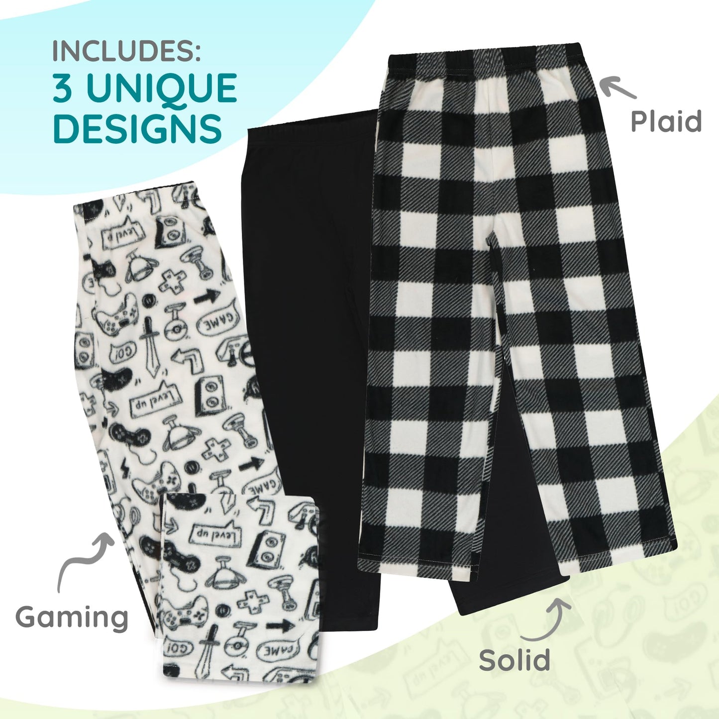 Mad Dog Concepts 3-Pack Boys Pajama Pants - Soft Micro Fleece PJ Bottoms for Kids, Printed Plaid Design - Boy's Sleepwear