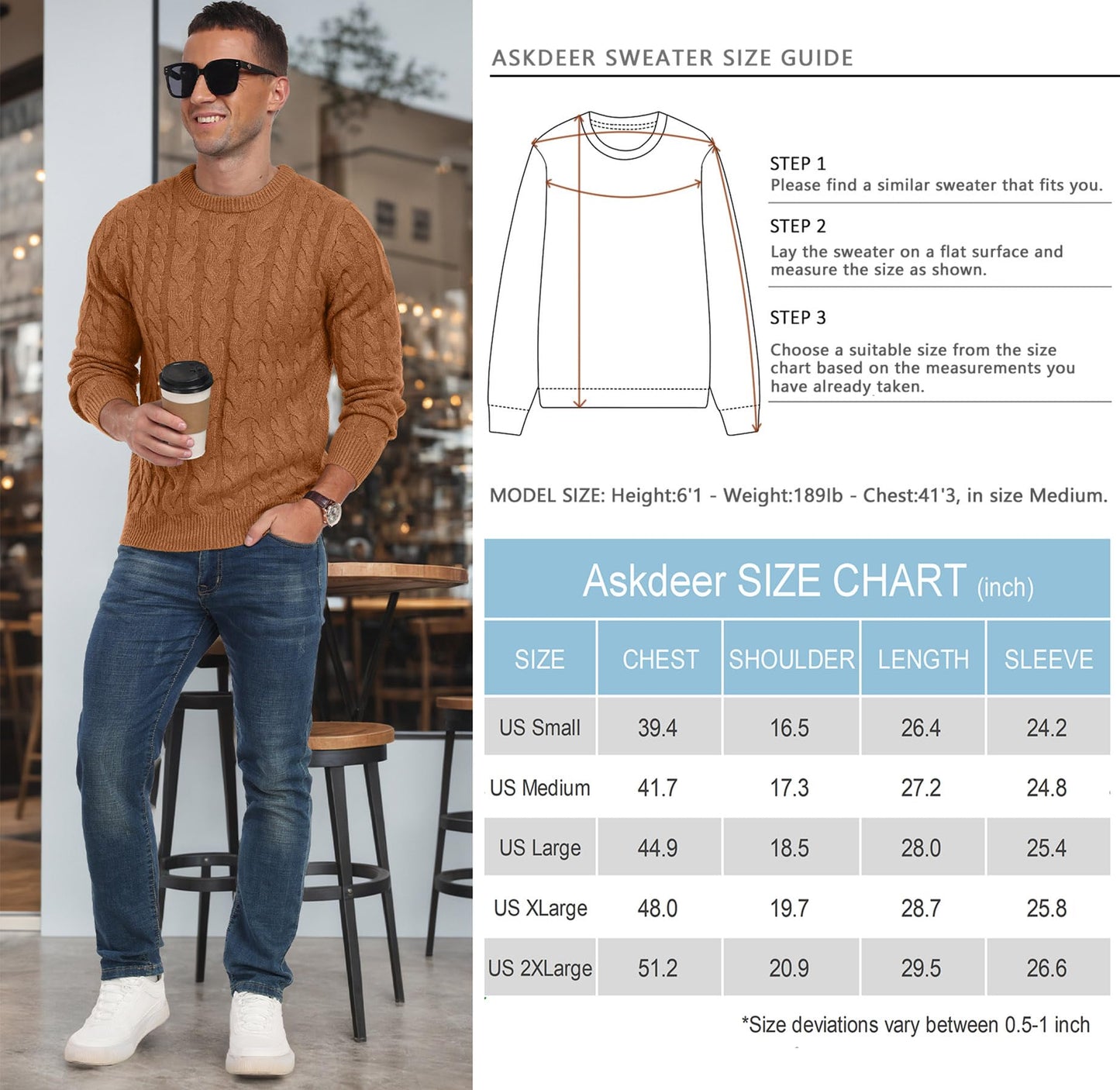 Askdeer Men's Crewneck Pullover Sweater Chunky Cable Knit Sweater Classic Casual Sweaters with Ribbing Edge