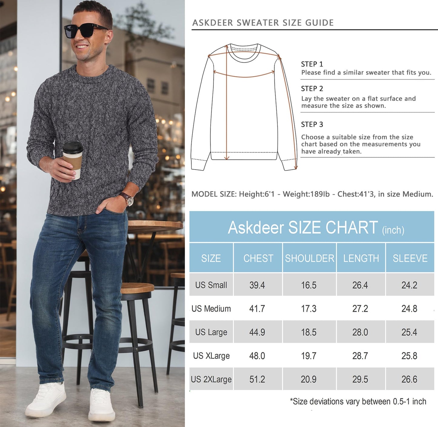 Askdeer Men's Crewneck Pullover Sweater Chunky Cable Knit Sweater Classic Casual Sweaters with Ribbing Edge