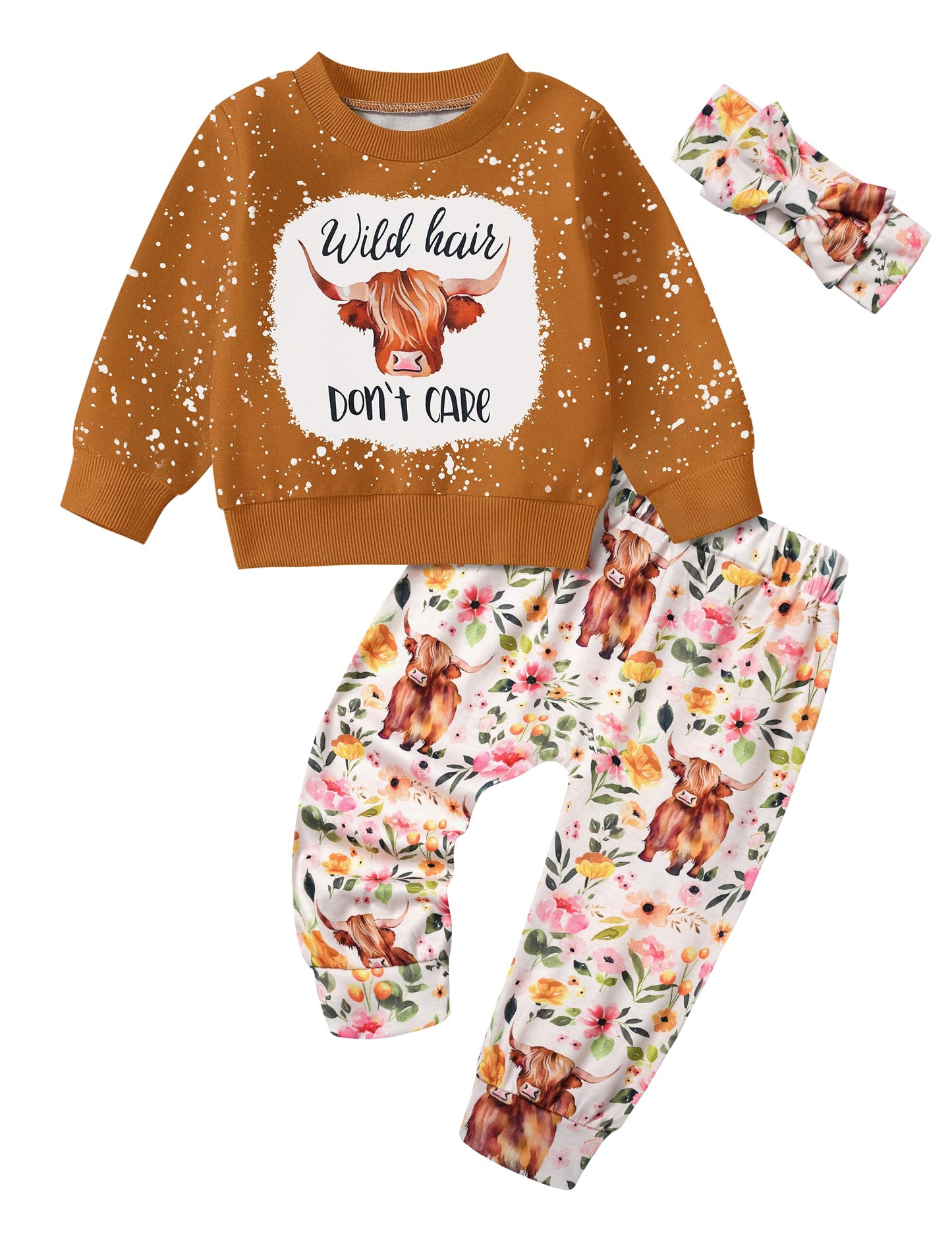 Toddler Girl Clothes Fall Winter Outfits Wild Hair Don't Care Highland Cow Sweatshirt Pants Western Cowgirl Outfit