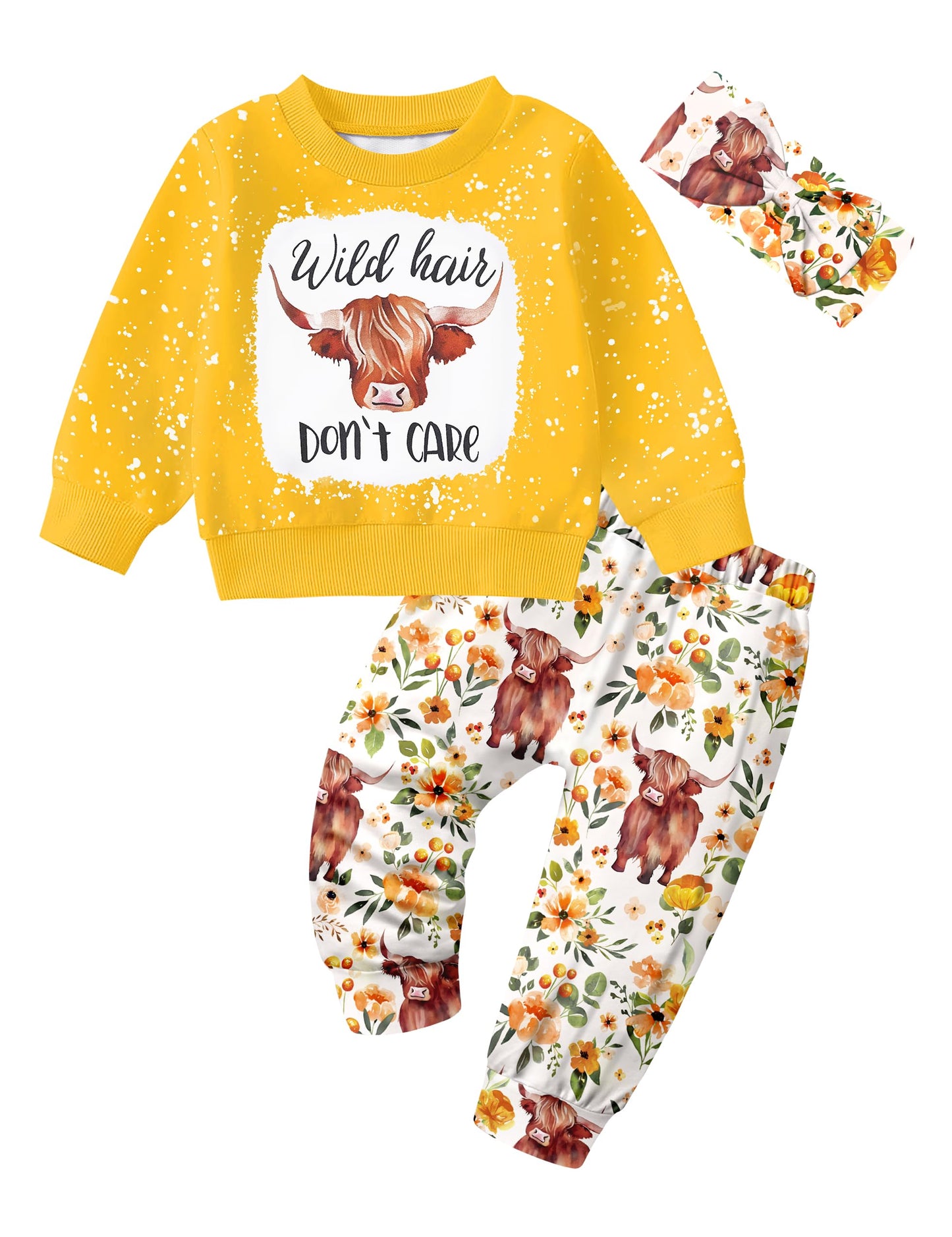 Toddler Girl Clothes Fall Winter Outfits Wild Hair Don't Care Highland Cow Sweatshirt Pants Western Cowgirl Outfit