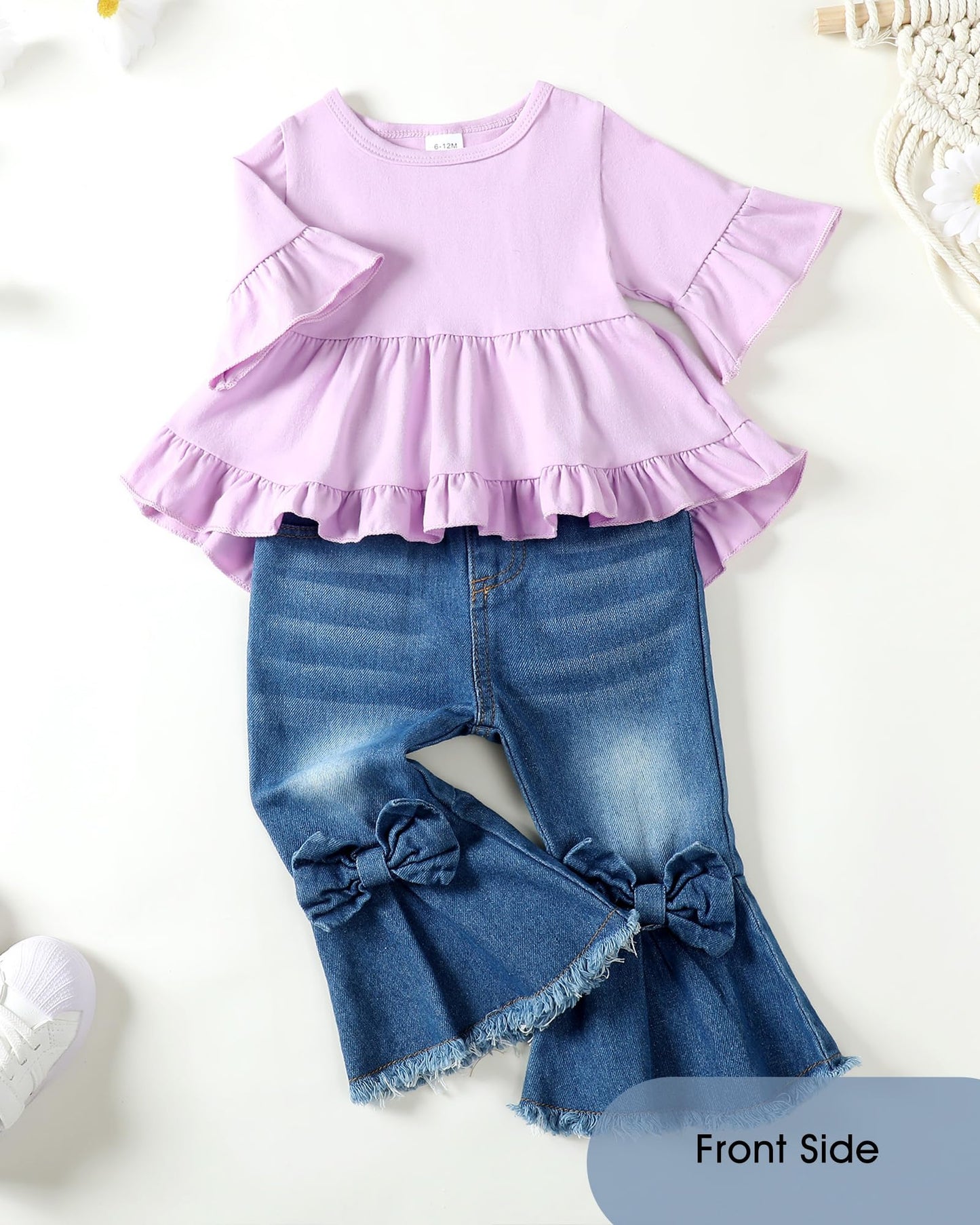 Kucnuzki Toddler Baby Girls Clothes Short Sleeve Shirt Top Flare Denim Jeans 2 Piece Outfits For Girls Cute Clothing Set