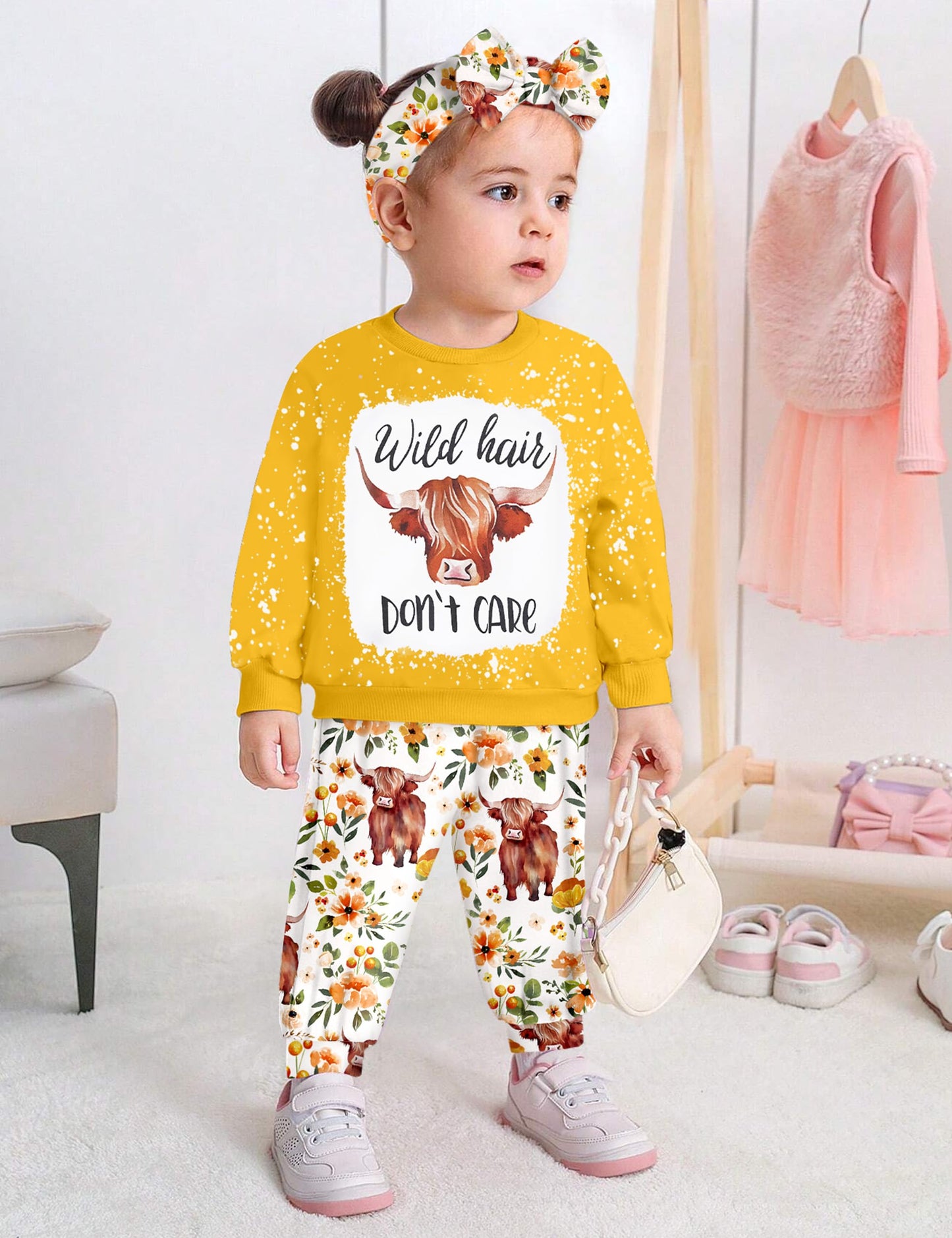 Toddler Girl Clothes Fall Winter Outfits Wild Hair Don't Care Highland Cow Sweatshirt Pants Western Cowgirl Outfit