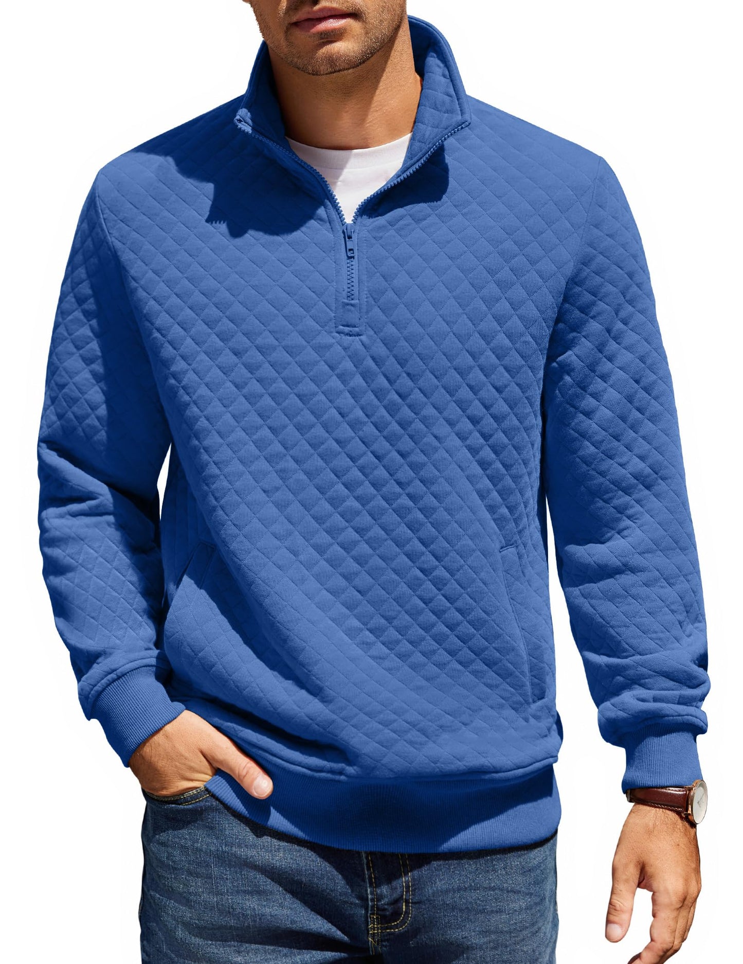 COOFANDY Mens Quarter Zip Pullover Quilted Sweatshirt Knit Long Sleeve Mock Neck Sweater Polo with Pocket