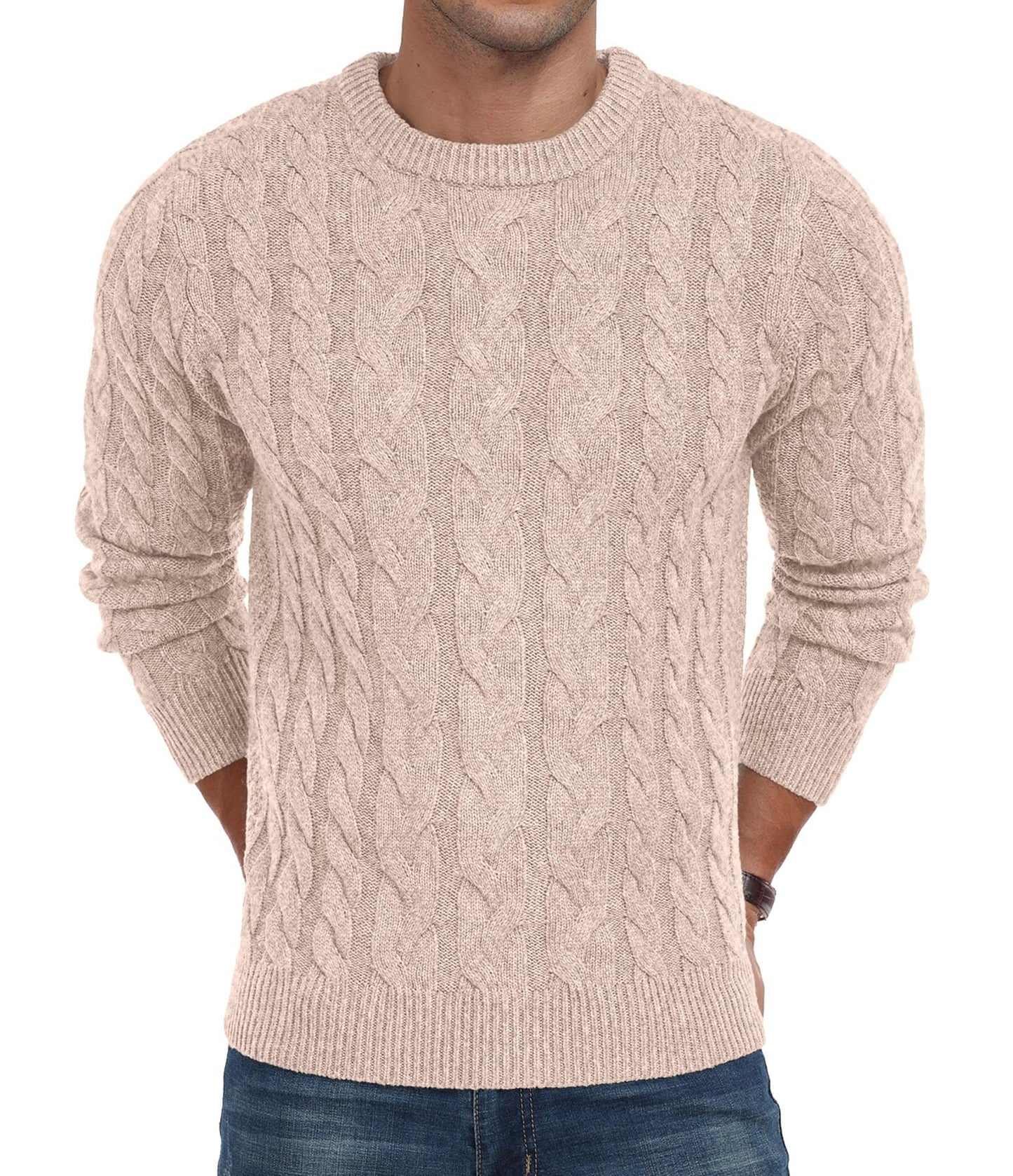 Askdeer Men's Crewneck Pullover Sweater Chunky Cable Knit Sweater Classic Casual Sweaters with Ribbing Edge