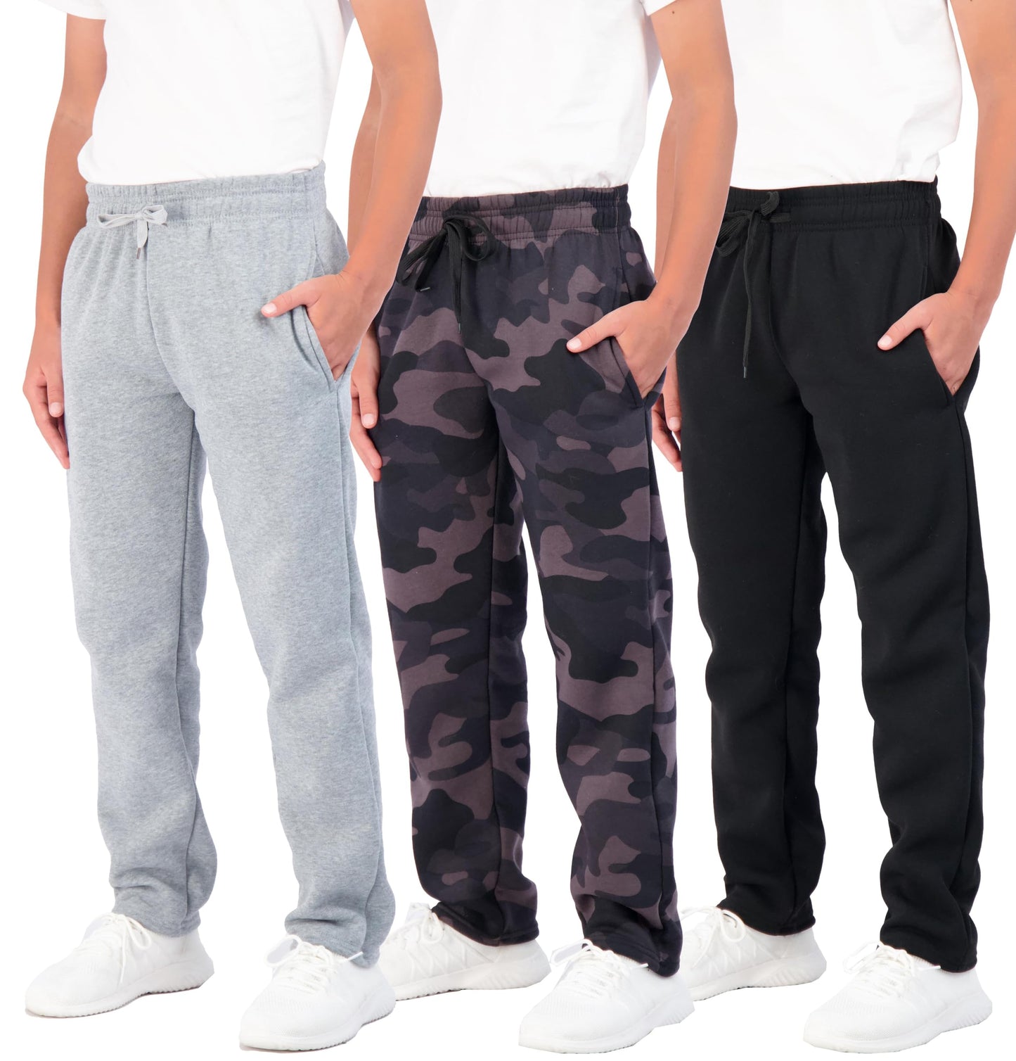 Real Essentials 3 Pack: Boys' Tech Fleece Open Bottom Sweatpants with Pockets