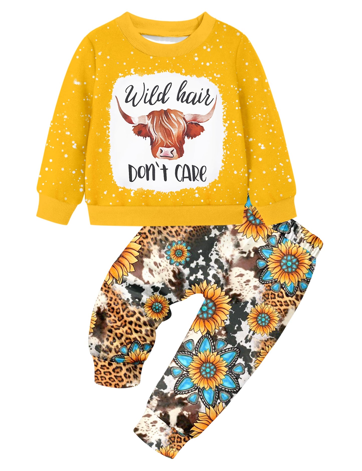 Toddler Girl Clothes Fall Winter Outfits Wild Hair Don't Care Highland Cow Sweatshirt Pants Western Cowgirl Outfit