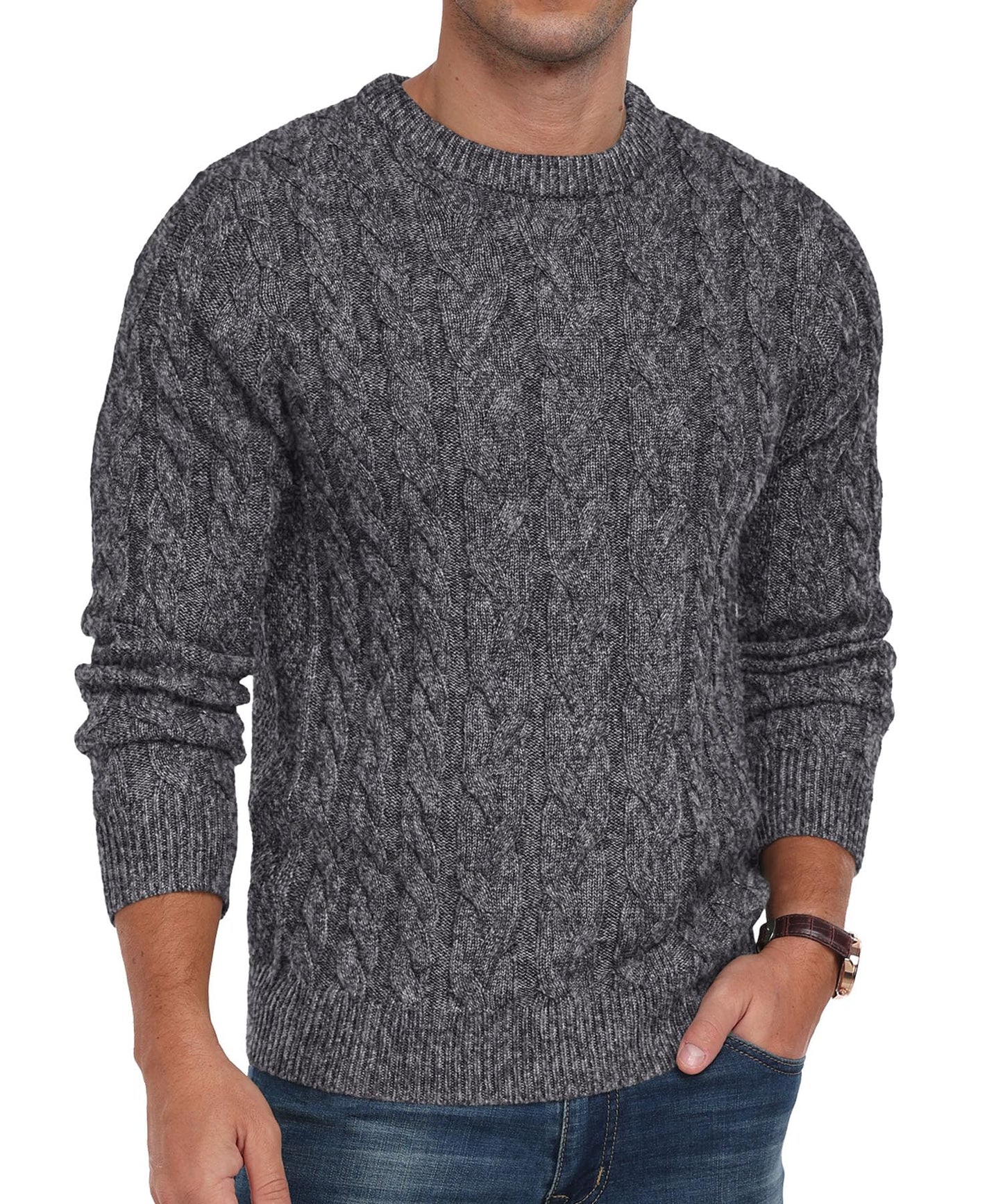 Askdeer Men's Crewneck Pullover Sweater Chunky Cable Knit Sweater Classic Casual Sweaters with Ribbing Edge