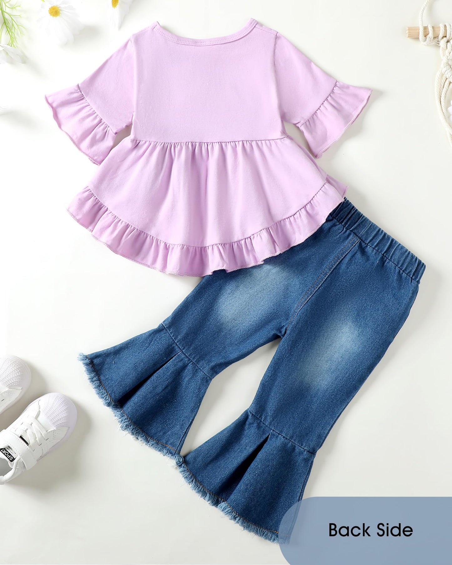 Kucnuzki Toddler Baby Girls Clothes Short Sleeve Shirt Top Flare Denim Jeans 2 Piece Outfits For Girls Cute Clothing Set