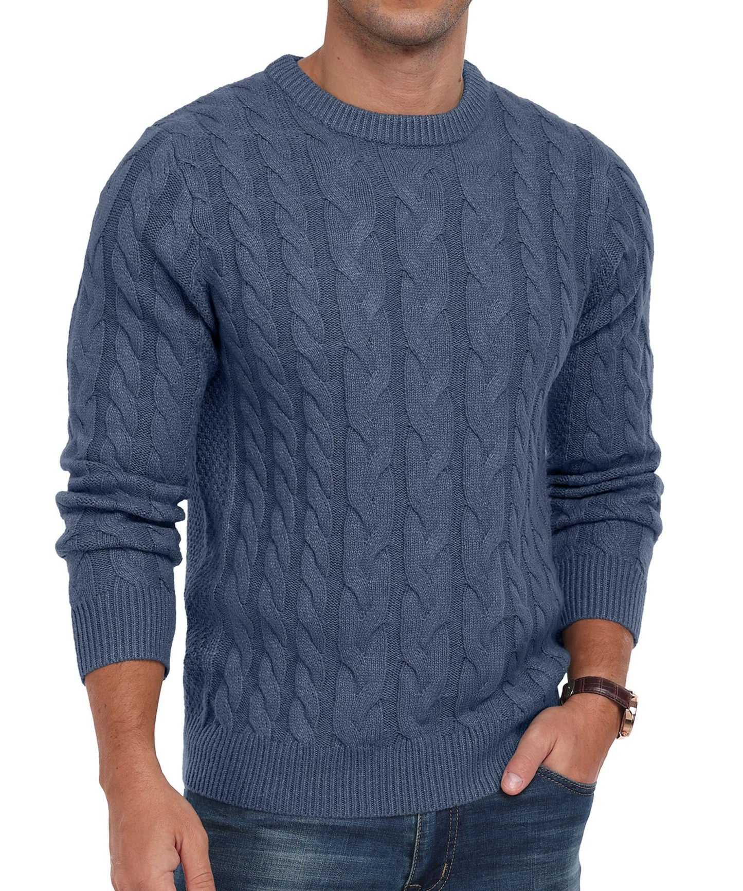 Askdeer Men's Crewneck Pullover Sweater Chunky Cable Knit Sweater Classic Casual Sweaters with Ribbing Edge