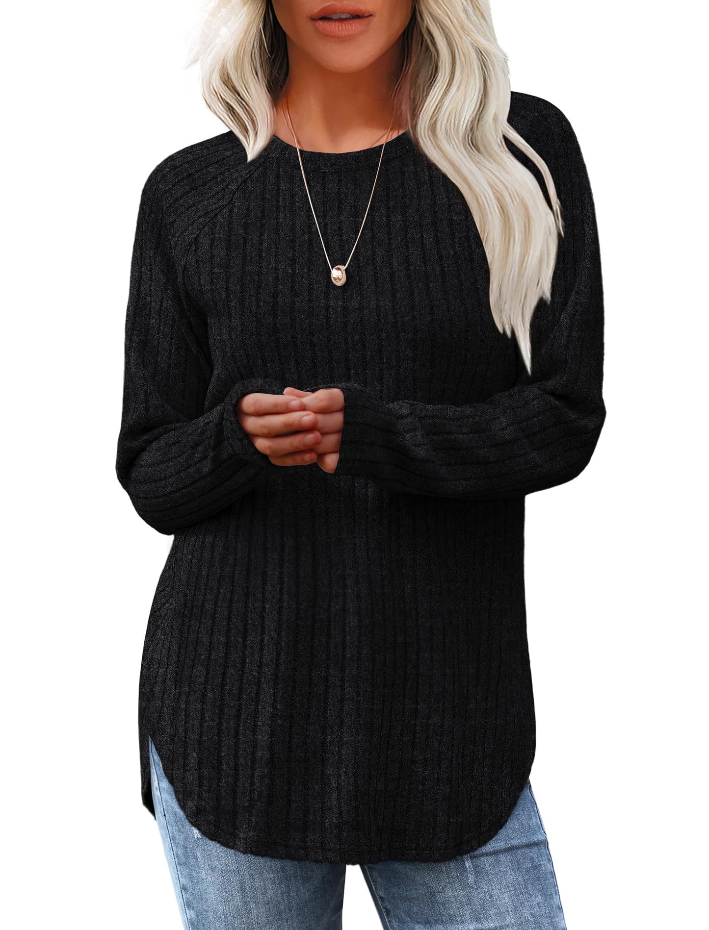 Saloogoe Long Sleeve Shirts for Women Tunic Tops for Women Loose Fit Dressy Crew Neck Pullover Basic Sweaters for Women 2024