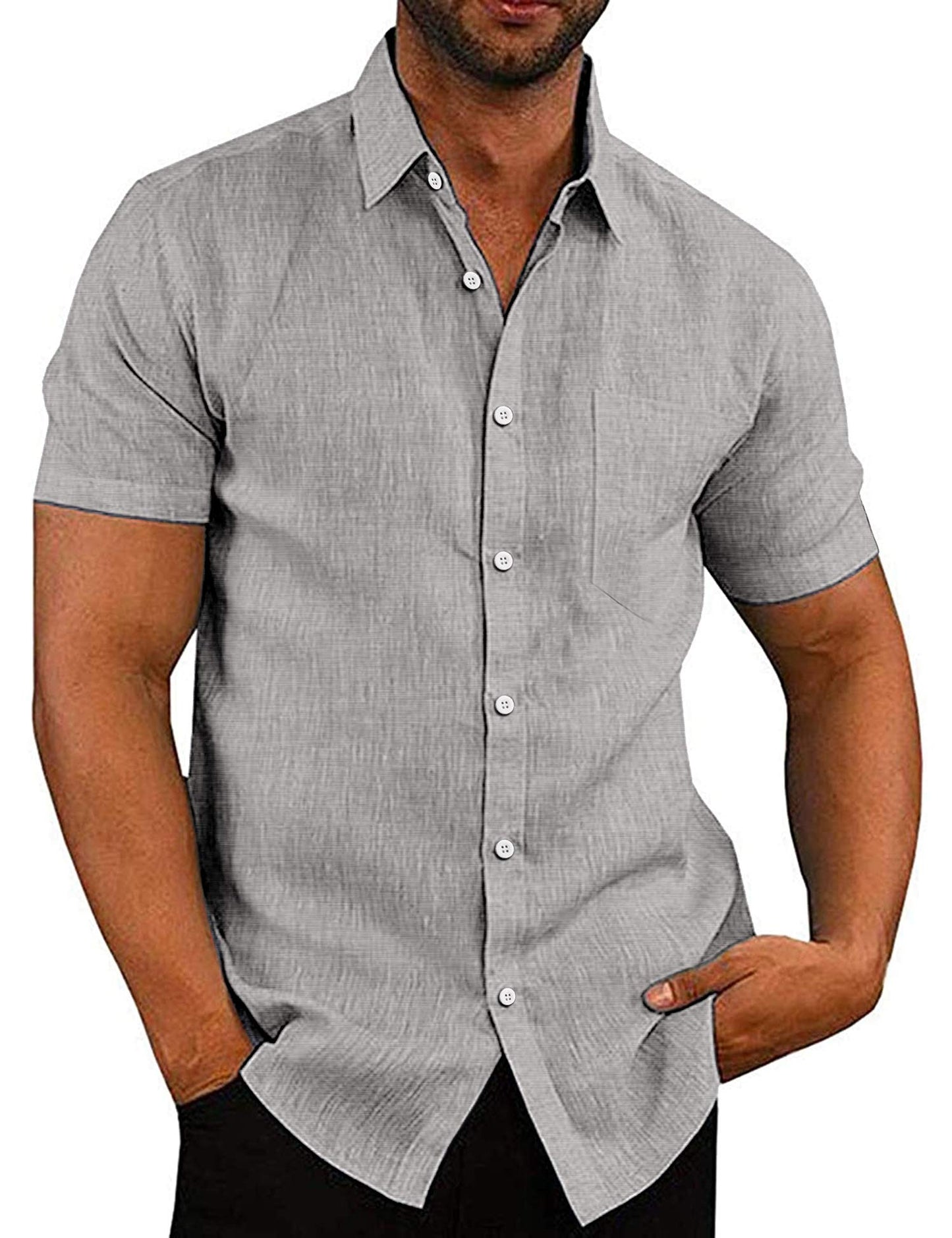 COOFANDY Men's Casual Button Down Shirts Short Sleeve Linen Shirts Summer Beach Dress Shirt