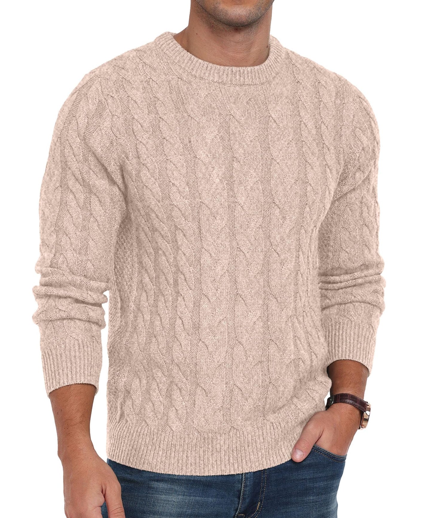 Askdeer Men's Crewneck Pullover Sweater Chunky Cable Knit Sweater Classic Casual Sweaters with Ribbing Edge