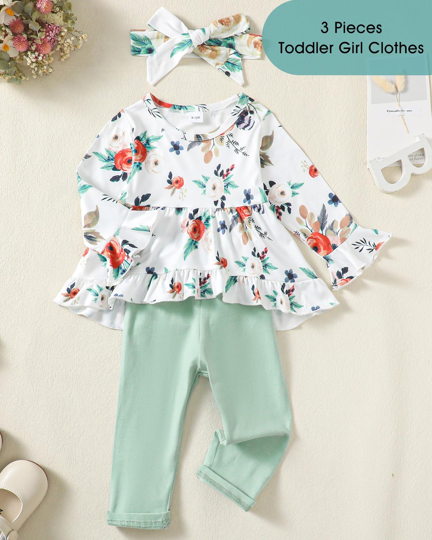 Kucnuzki Baby Girl Clothes Toddler Girl Outfit Ruffle Sleeve Shirt Floral Pant Set Fall Winter Clothing for Girl