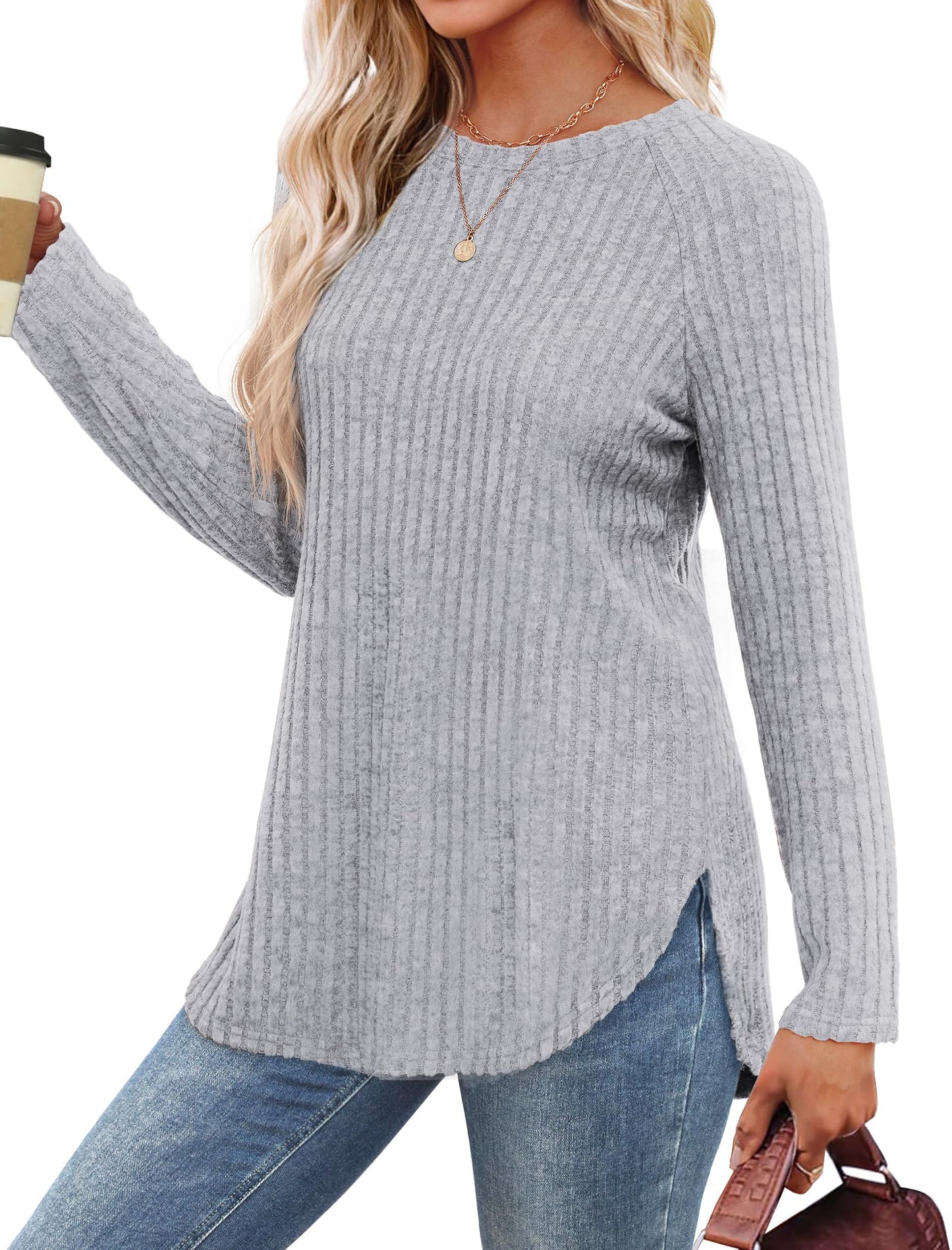 Saloogoe Long Sleeve Shirts for Women Tunic Tops for Women Loose Fit Dressy Crew Neck Pullover Basic Sweaters for Women 2024