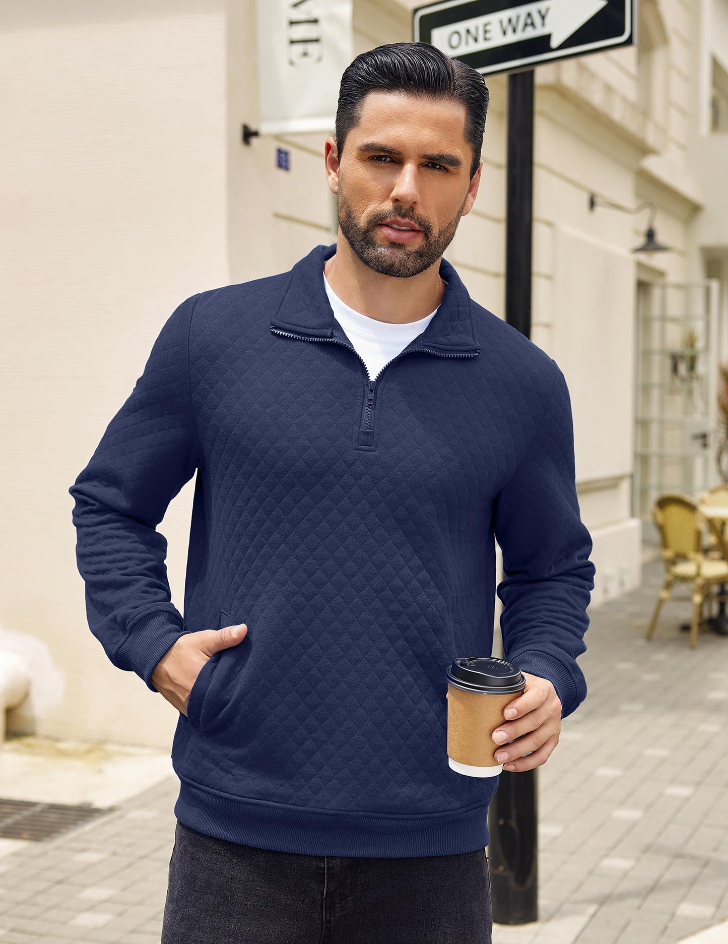 COOFANDY Mens Quarter Zip Pullover Quilted Sweatshirt Knit Long Sleeve Mock Neck Sweater Polo with Pocket