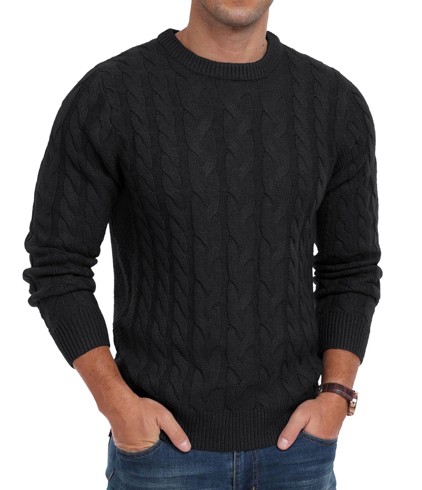 Askdeer Men's Crewneck Pullover Sweater Chunky Cable Knit Sweater Classic Casual Sweaters with Ribbing Edge